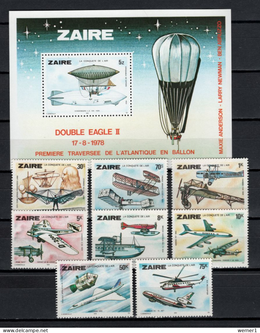 Congo - Zaire 1978 Space, Aviation, Stratosphere Balloon, Zeppelin Set Of 8 + S/s MNH - Afrika