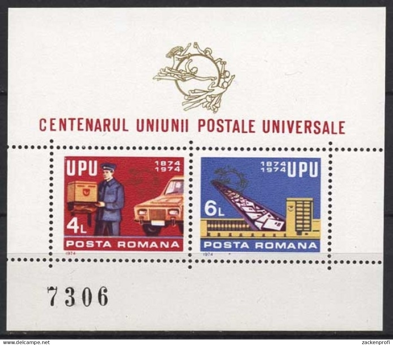 Rumänien 1974 100 Jahre Weltpostverein UPU Block 112 Postfrisch (C92074) - Blocs-feuillets