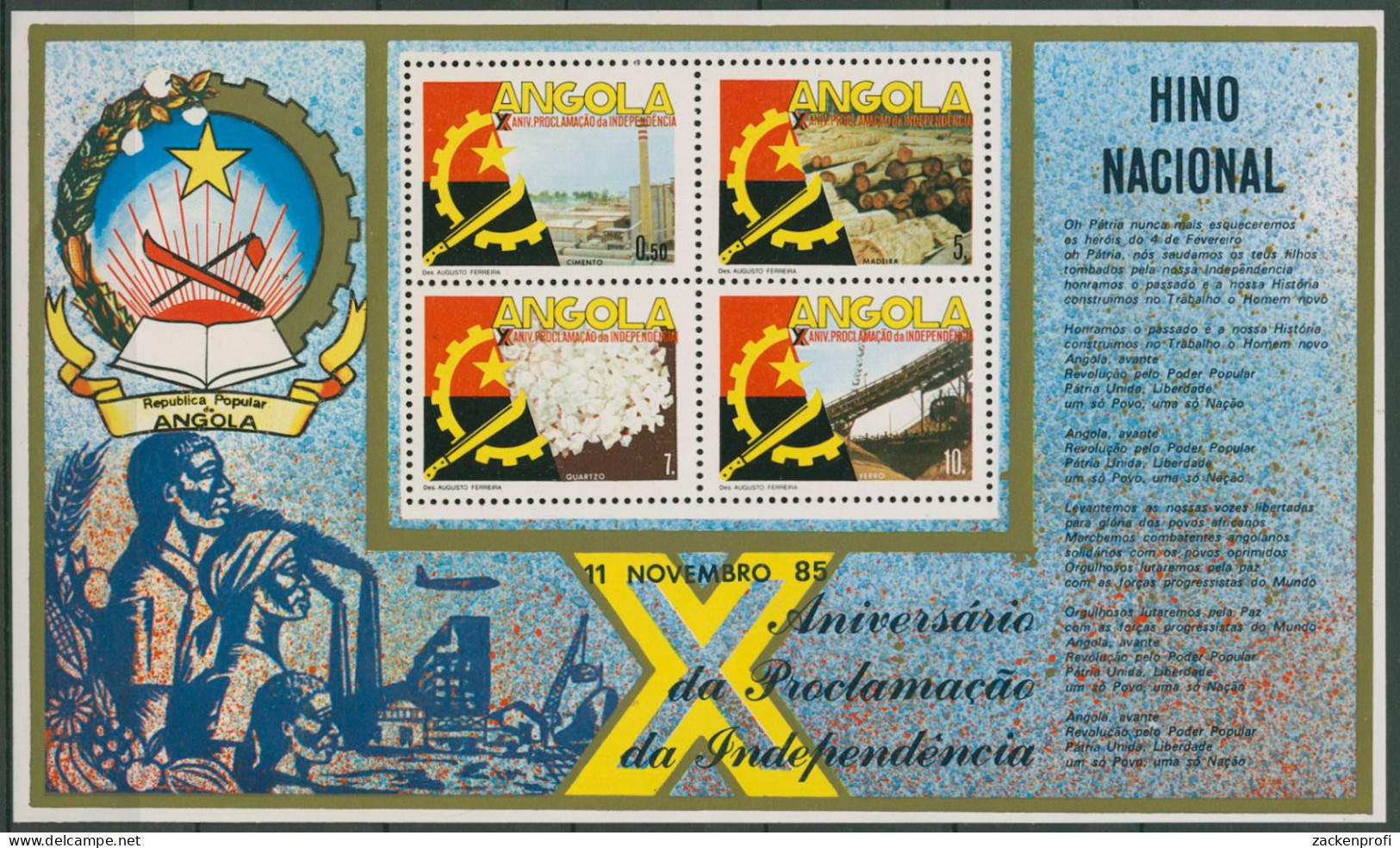 Angola 1985 10 J. Unabhängigkeit Zement Quarz Holz Block 8 Postfrisch (SG40517) - Angola