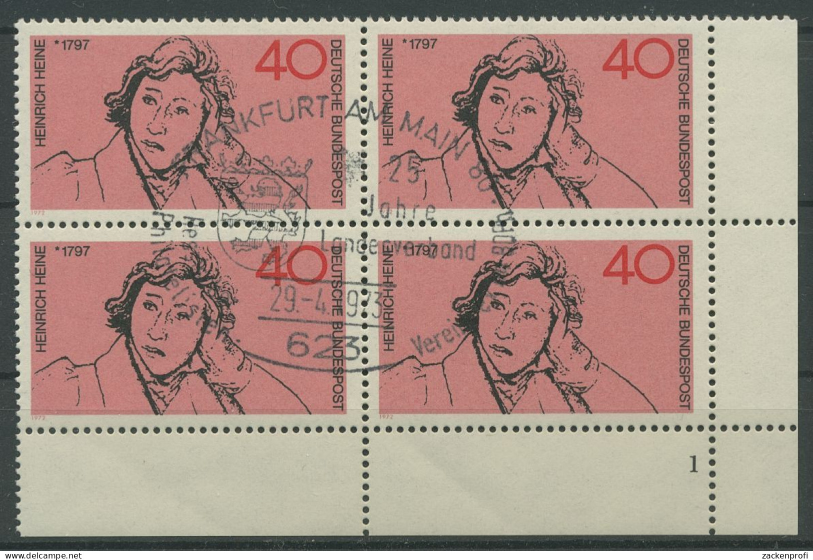 Bund 1972 Heinrich Heine 750 4er-Block Ecke 4 FN 1 Gestempelt (R19977) - Used Stamps