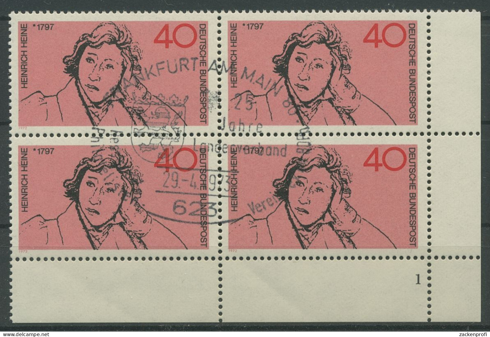 Bund 1972 Heinrich Heine 750 4er-Block Ecke 4 FN 1 Gestempelt (R19977) - Gebraucht