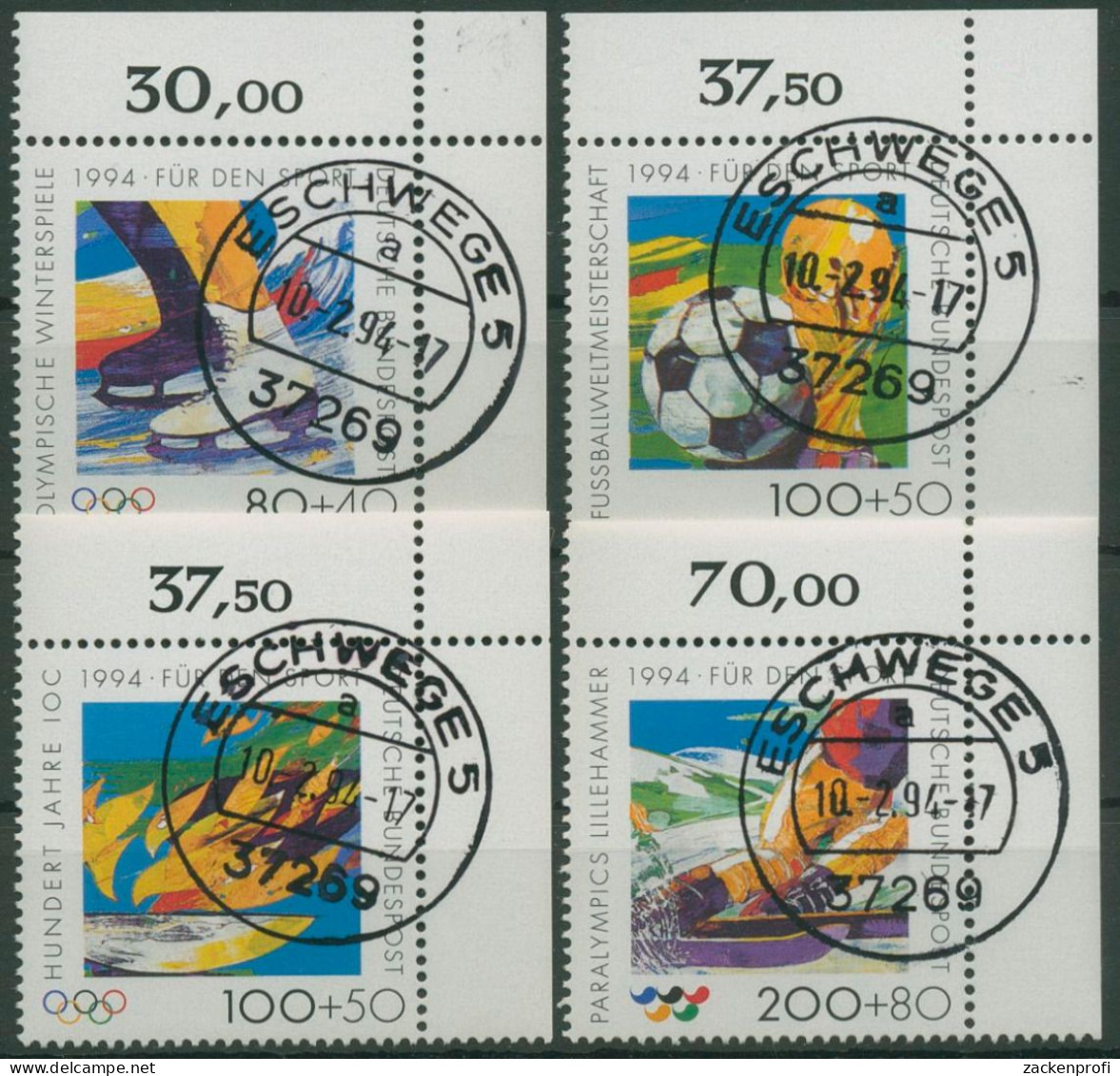 Bund 1994 Sporthilfe Olympia Fußball-WM IOC 1717/20 Ecke 2 TOP-Stempel (E2226) - Gebraucht