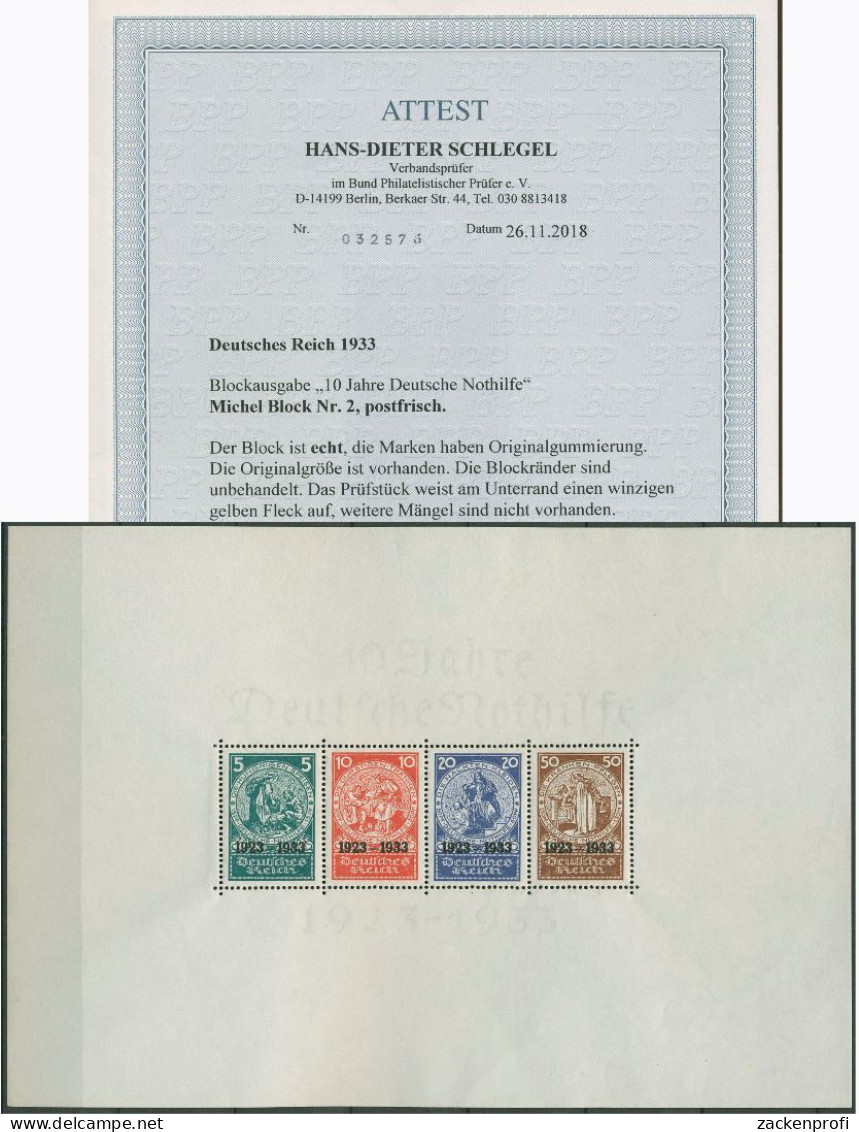 Deutsches Reich 1933 Nothilfe Block 2 Postfrisch Geprüft Mit Fotoattest - Blocs