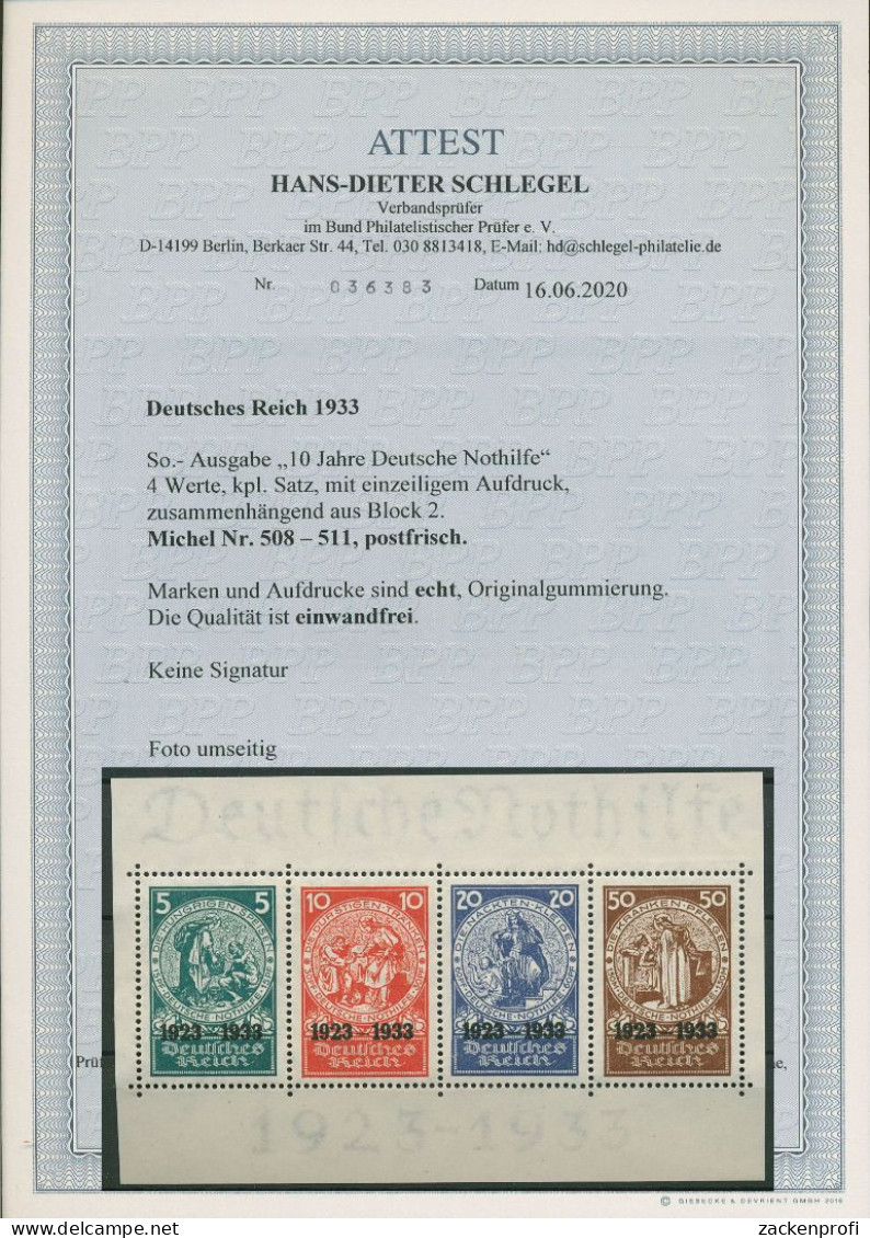 Dt. Reich 1933 Herzstück Aus Nothilfe Block 508/11 Postfrisch Geprüft Fotoattest - Blocks & Kleinbögen