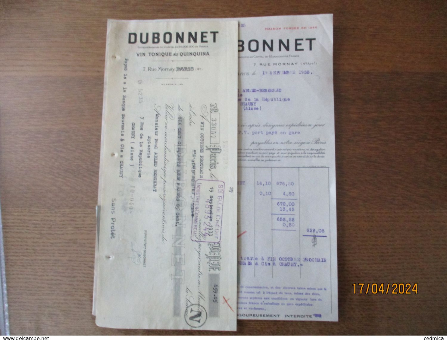 PARIS DUBONNET VIN TONIQUE AU QUINQUINA 7 RUE MORNAY FACTURE ET TRAITE DU 19 SEPTEMBRE 1933 - 1900 – 1949