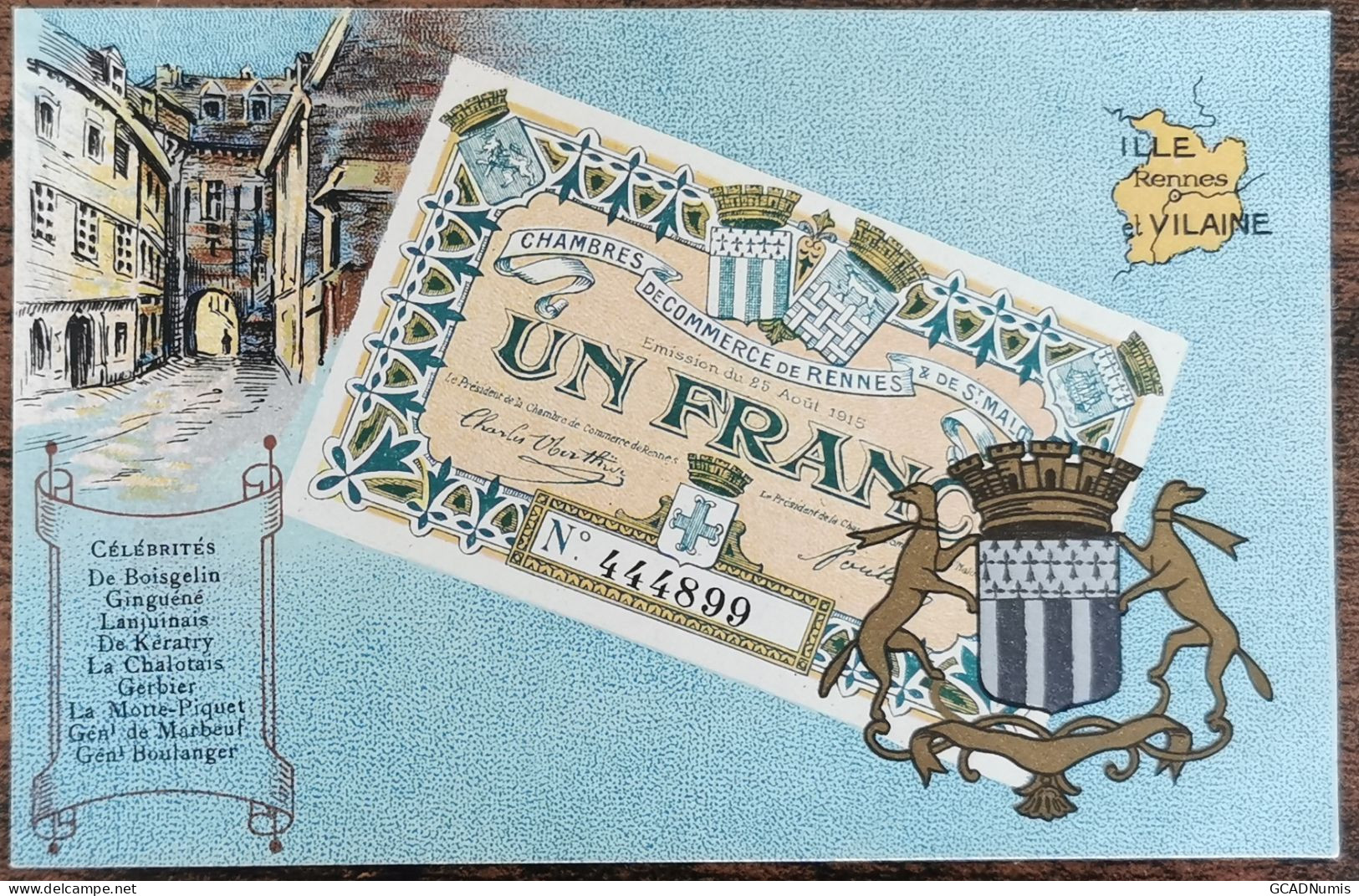 CARTE POSTALE Billet 1 Franc Chambre De Commerce De RENNES & St MALO - Ille Et Vilaine - Rennes