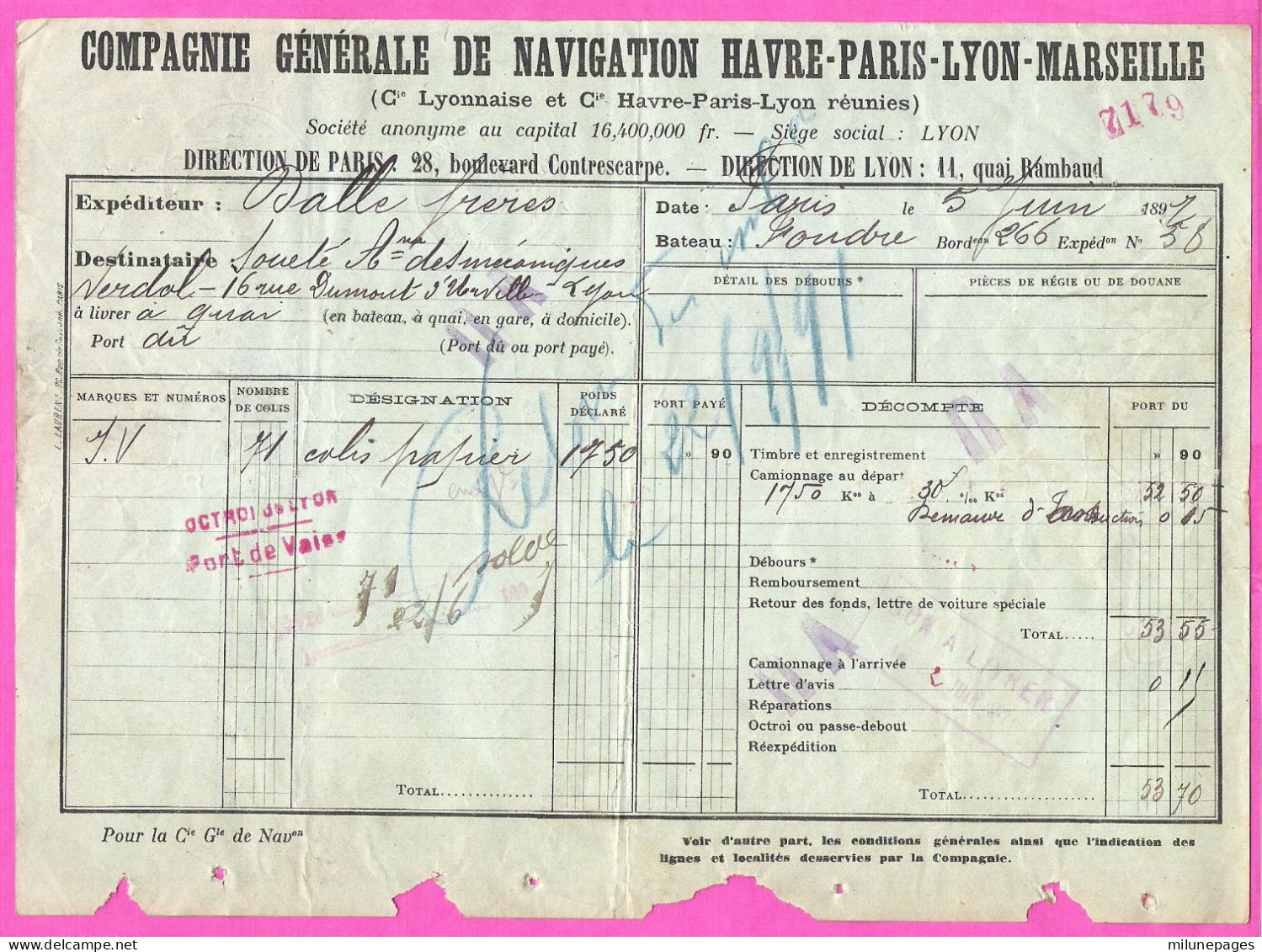 Compagnie Générale De Navigation Havre-Paris-Lyon-Marseille Bon De Transport à Bord Du Bâteau Foudre En 1897 - 1800 – 1899