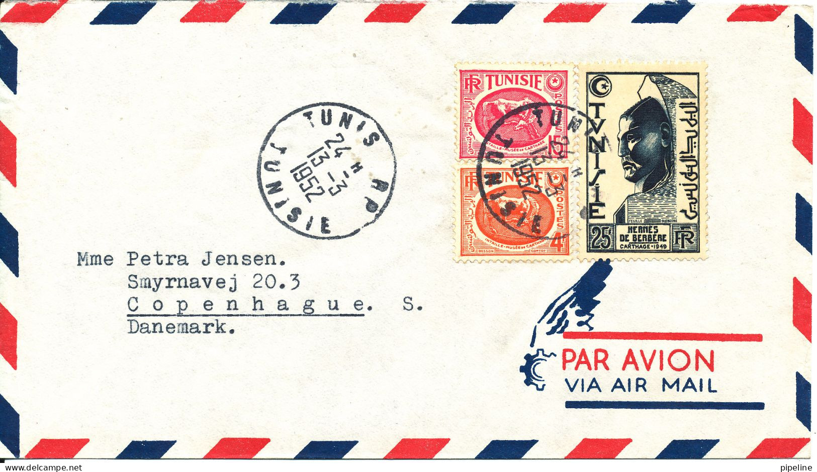 Tunisia Air Mail Cover Sent To Denmark Tunis 13-3-1952  Very Nice Cover - Covers & Documents
