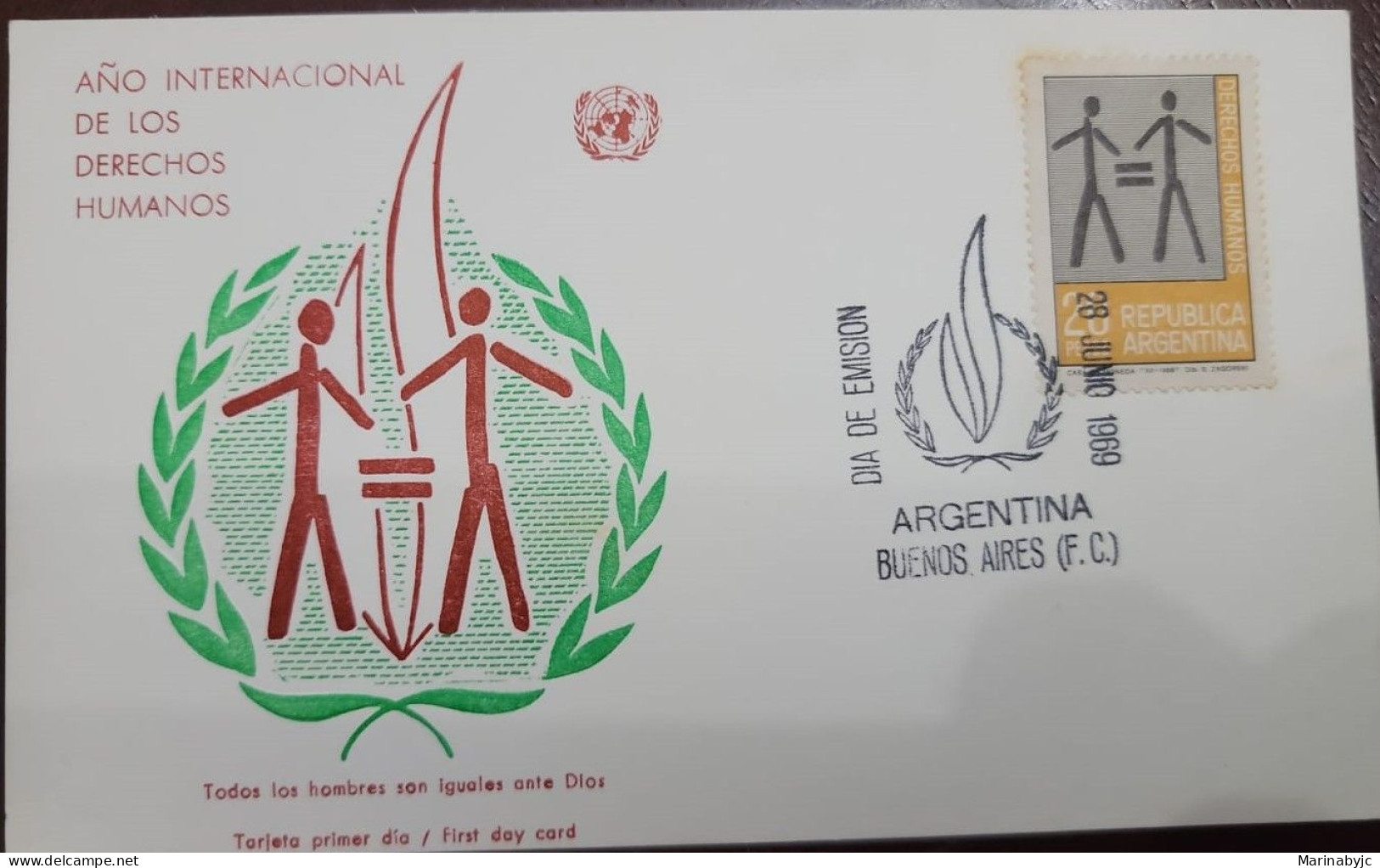 D)1969, ARGENTINA, FIRST DAY COVER, ISSUE, INTERNATIONAL YEAR OF HUMAN RIGHTS, (1968), ALL MEN ARE EQUAL BEFORE GOD, FDC - Otros & Sin Clasificación