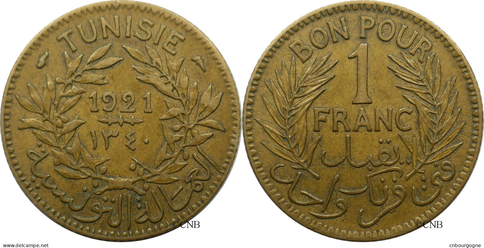 Tunisie - Protectorat Français - Naceur Bey - 1 Franc 1921-AH1340 - TTB/XF45 - Mon5562 - Tunisia