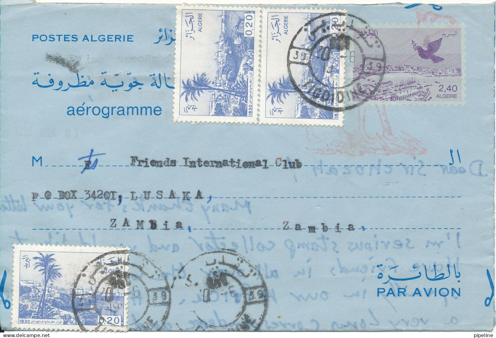 Algeria Aerogramme Sent To Zambia 20-6-1987 - Algerien (1962-...)