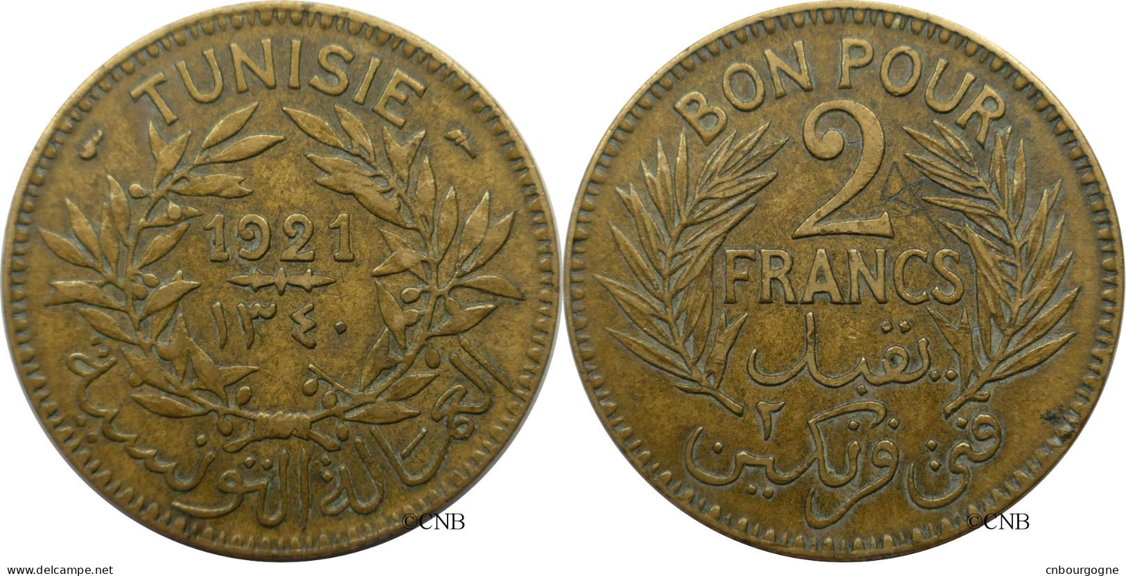 Tunisie - Protectorat Français - Naceur Bey - 2 Francs 1921-AH1340 - TTB/XF45 - Mon5563 - Tunesien