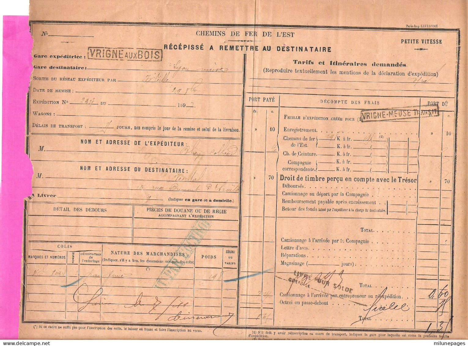 Récepissé Transport Chemin De Fer De L'Est En Petite Vitesse Linéaire Vrigne Aux Bois Vrigne Meuse 1897 Nombreux Cachets - Autres & Non Classés