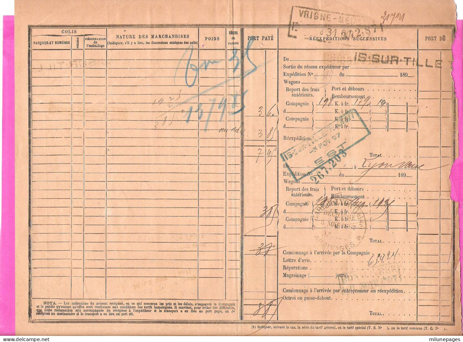 Récepissé Transport Chemin De Fer De L'Est En Petite Vitesse Linéaire Vrigne Aux Bois Vrigne Meuse 1897 Nombreux Cachets - Other & Unclassified