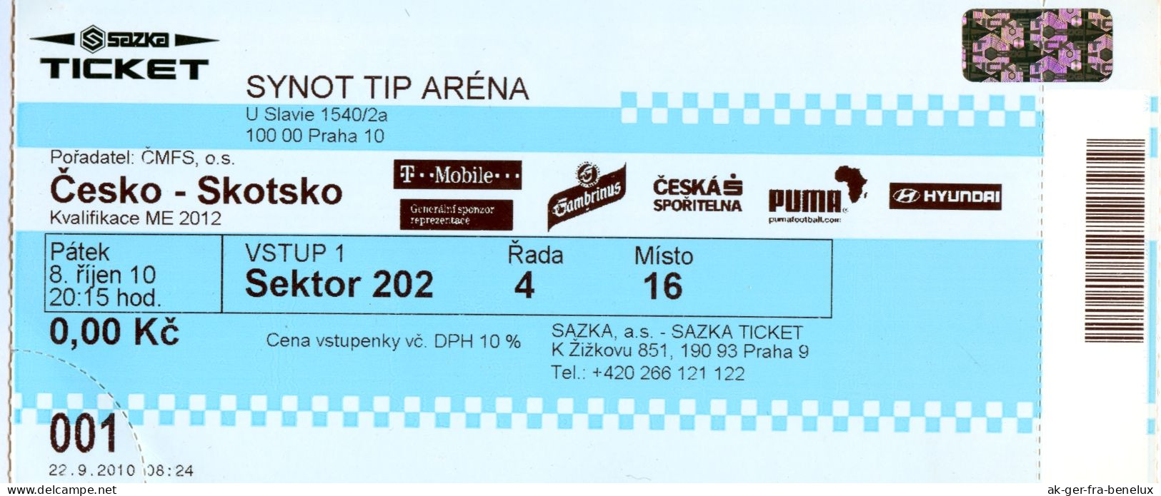 Fußball Eintrittskarte Ticket Czechia Vs Scotland 8. 10. 2010 FAČR SFA Praha Vršovice Tschechien Schottland Football - Tickets D'entrée