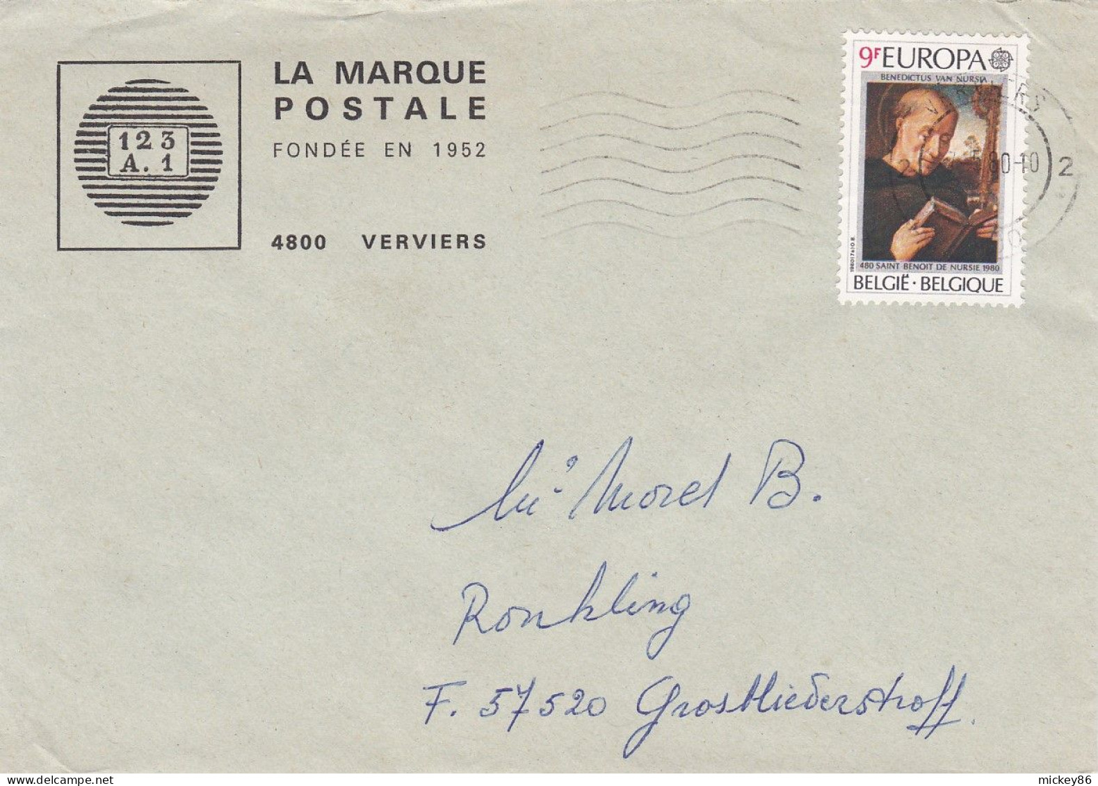 BELGIQUE-1980- Lettre VERVIERS Pour  Grosbliederstroff-57 (France)..timbre"EUROPA-St Benoit " Seul Sur Lettre,cachet - Briefe U. Dokumente