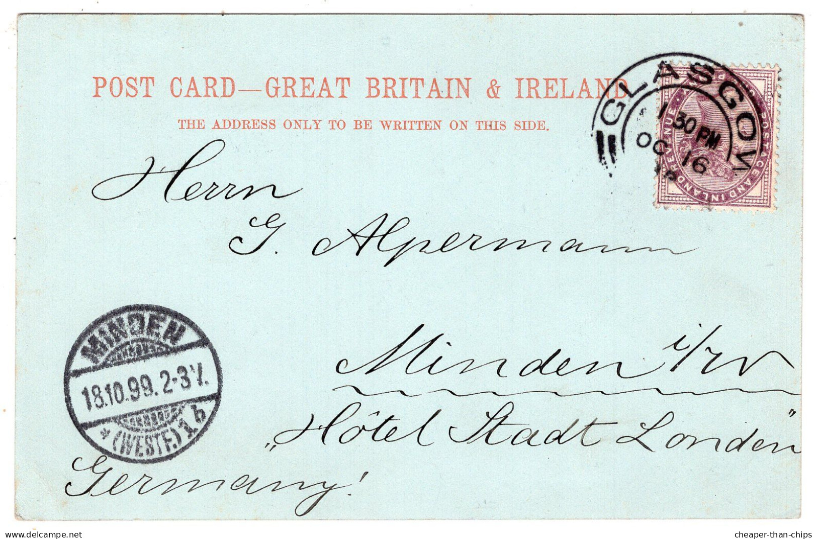 GLASGOW - Municipal Buildings - Early Blum & Degen - Intermediate Size - QV Stamp To Minden, Germany - Lanarkshire / Glasgow