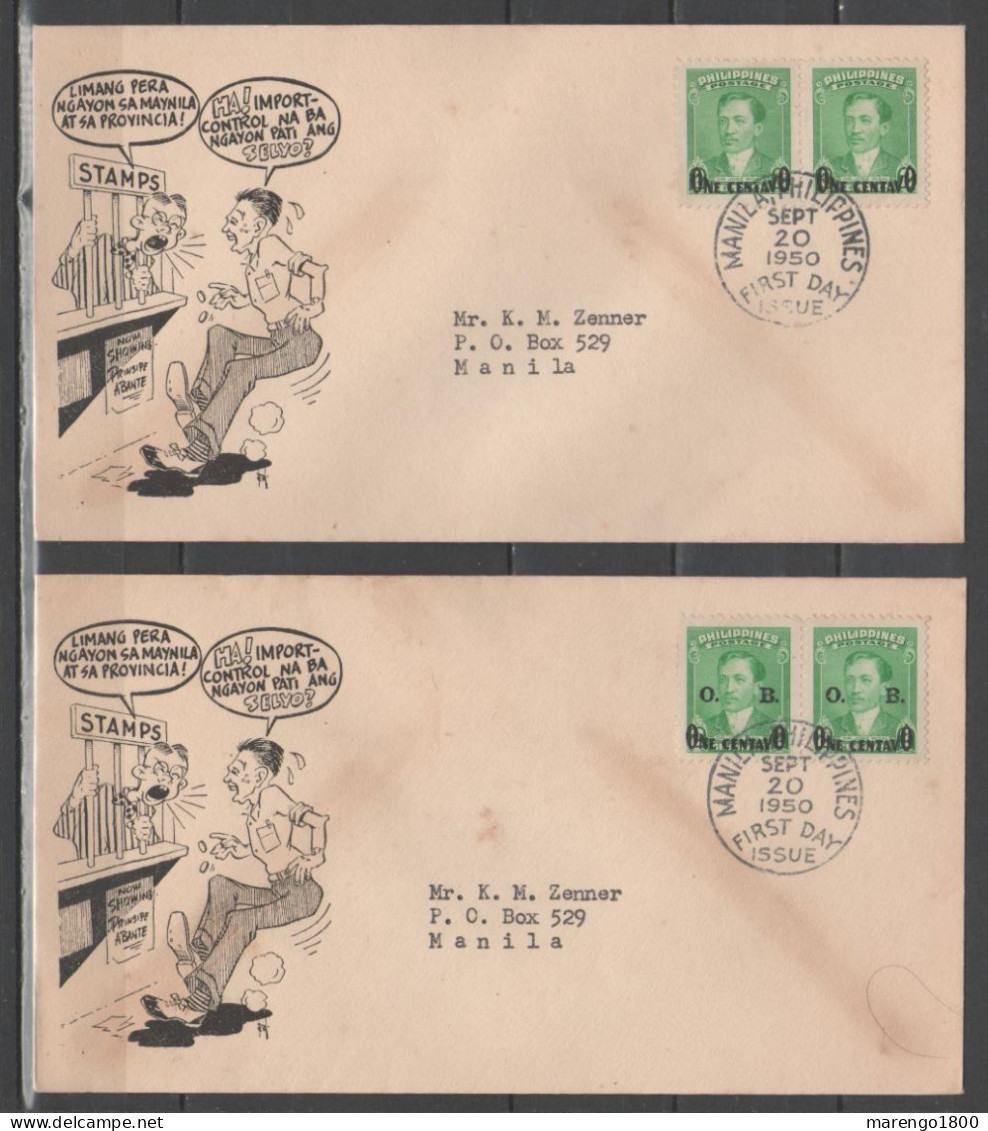 Filippine 1950 - Rizal Soprastampato 2 Fdc (ordinario E Servizio) - Philippinen