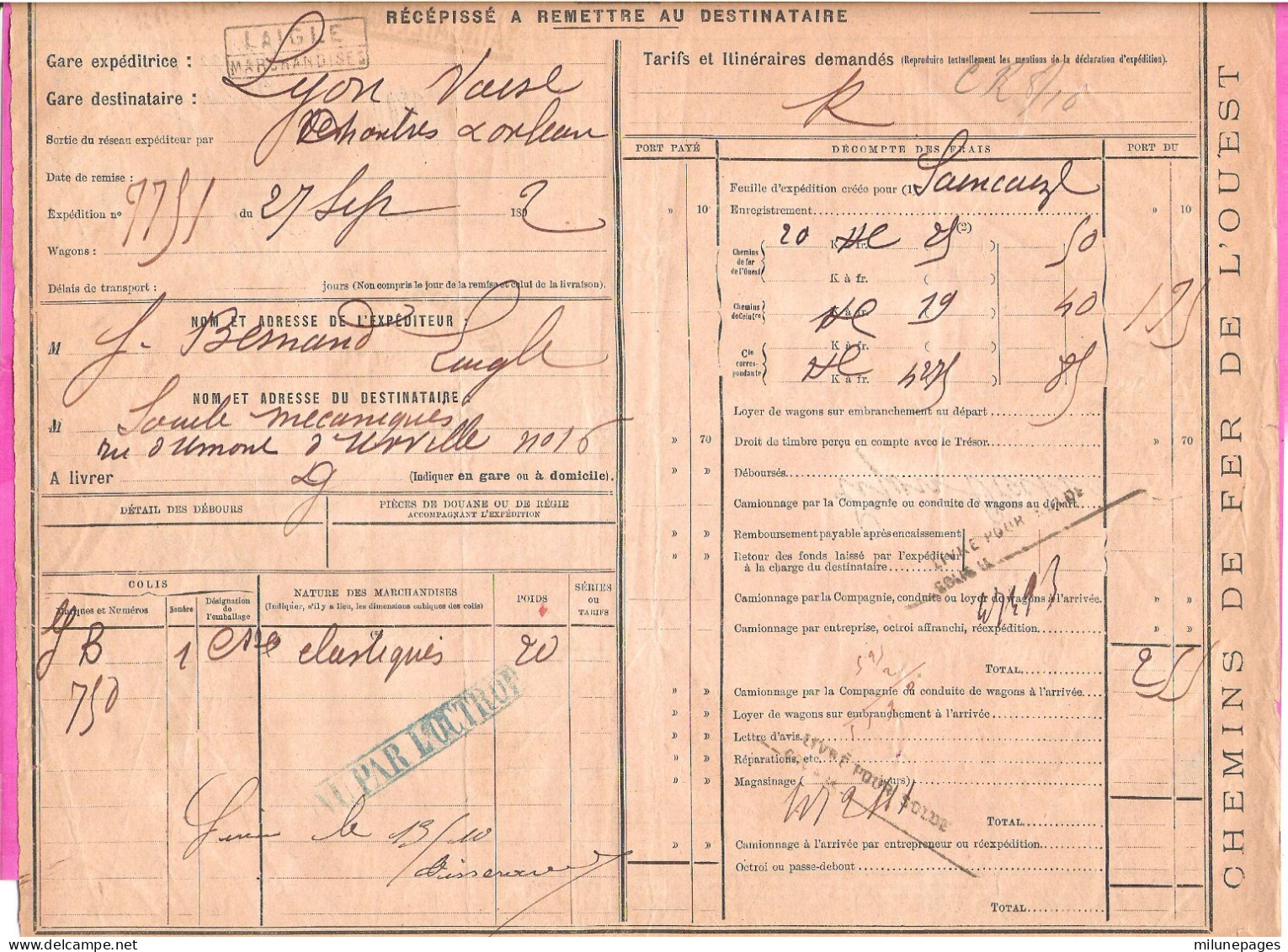 Récepissé Transport Chemin De Fer De L'Ouest En Petite Vitesse Cachet Laigle Marchandises 1897 Nombreux Cachets - Andere & Zonder Classificatie