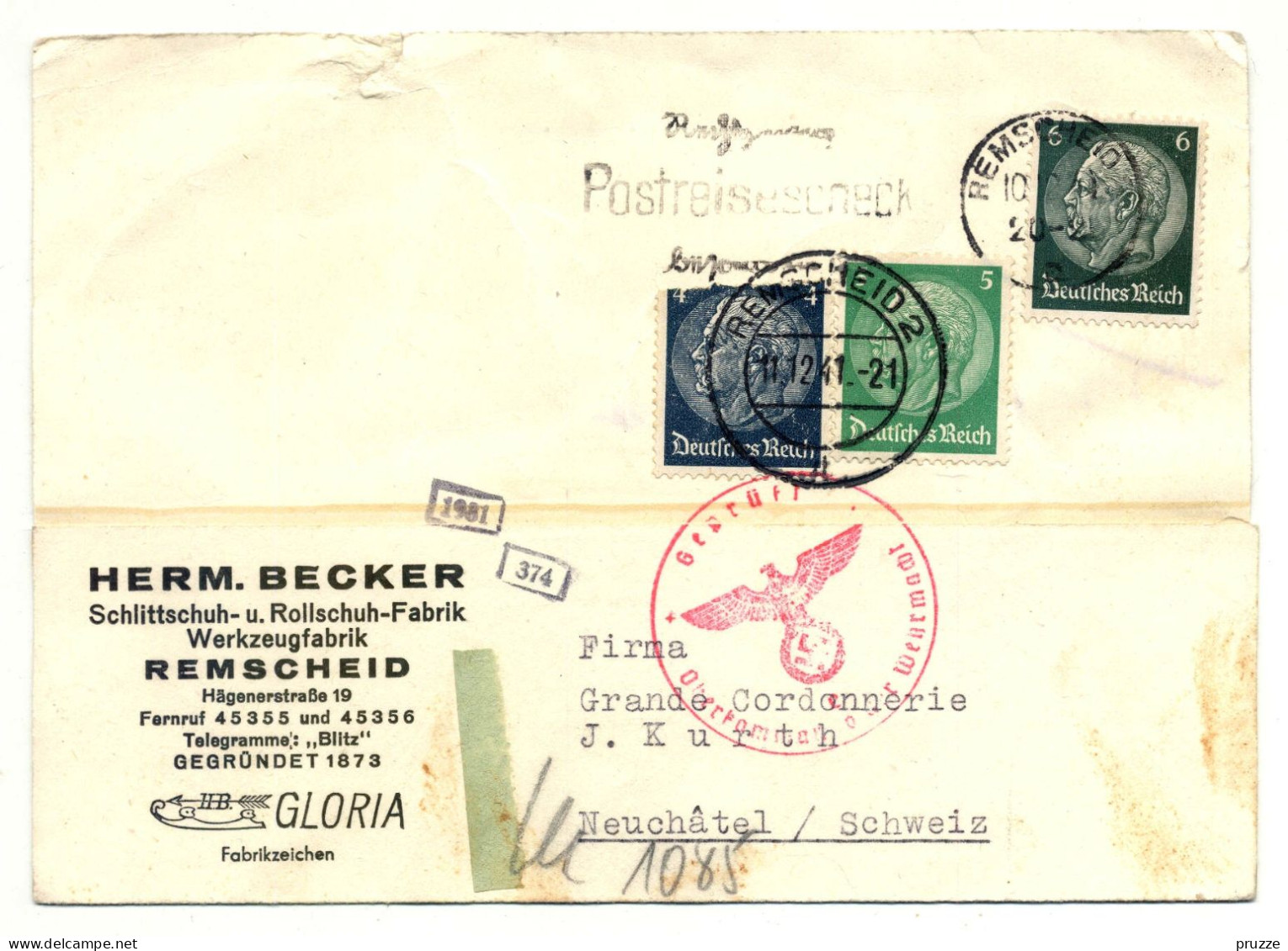 Firmen-Ganzsache, Herm. Becker Schlittschuh- U. Rollschuh-Fabrik, Remscheid 1941 - Nach Neuchatel, Schweiz, Zensur - Postkarten