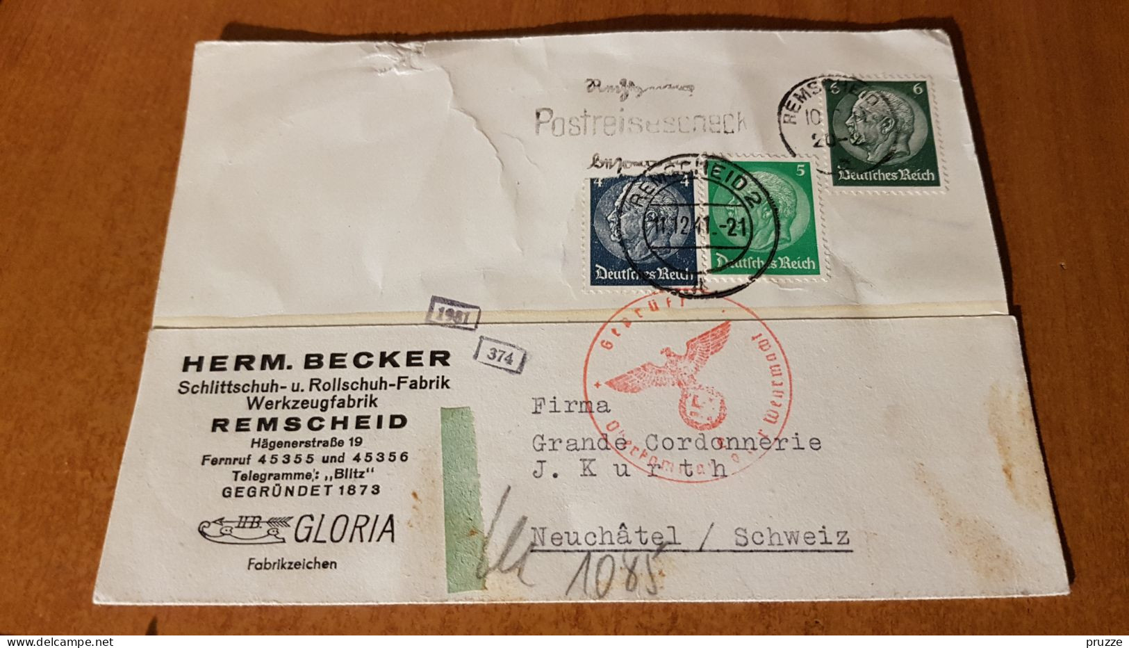 Firmen-Ganzsache, Herm. Becker Schlittschuh- U. Rollschuh-Fabrik, Remscheid 1941 - Nach Neuchatel, Schweiz, Zensur - Postkarten