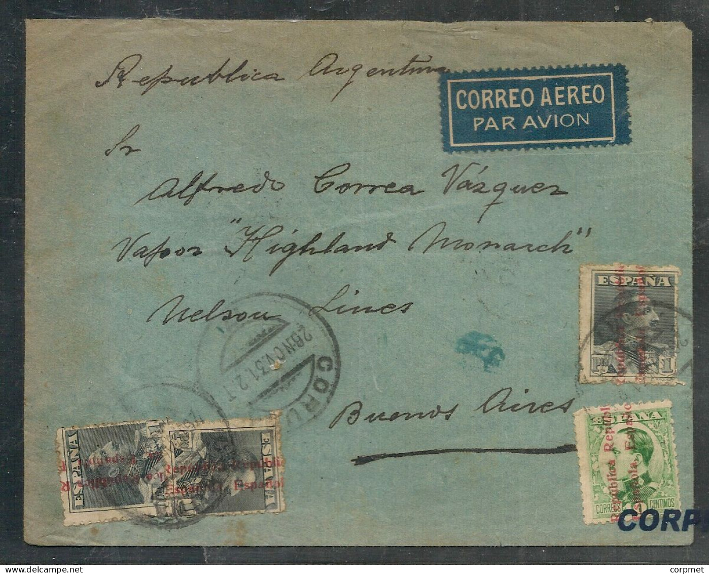 ESPAÑA - SPAIN 1931 SOBRE Alfonso XIII -  II República - De LA CORUÑA A BUENOS AIRES  -Yv. 495 X3+488 Ver DESCRIPCION - Cartas & Documentos