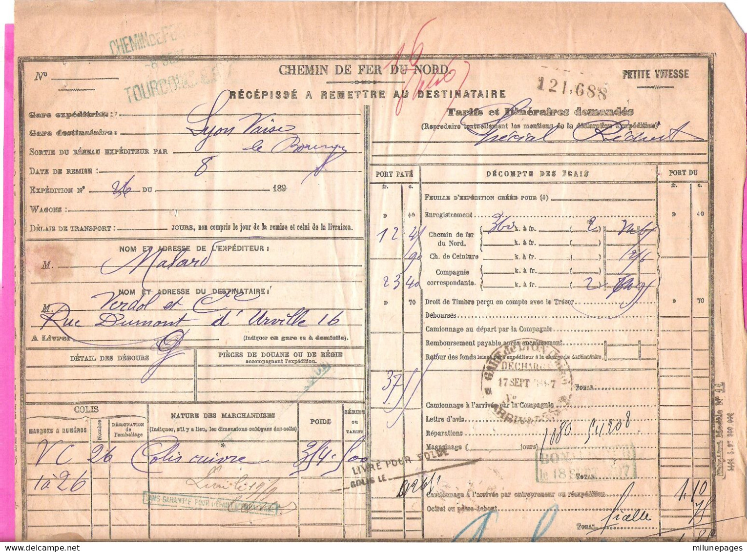 Récepissé Transport Chemin De Fer Du Nord En Petite Vitesse Cachet Tourcoing 1897 Nombreux Cachets - Otros & Sin Clasificación