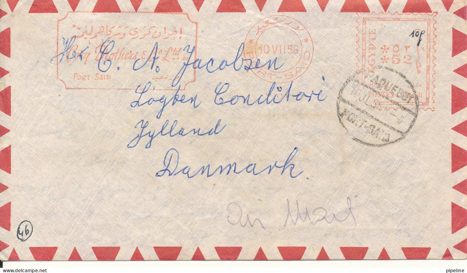 Egypt Air Mail Cover With Red Meter Cancel 10-7-1956 Paquebot Port Said Sent To Denmark - Storia Postale