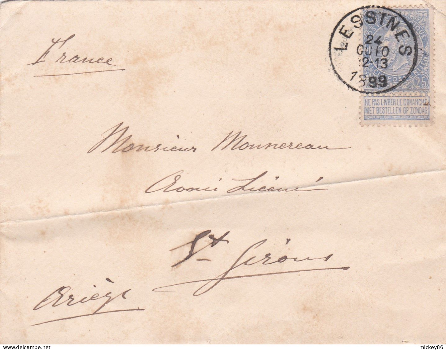 BELGIQUE-1899- Lettre De LESSINES  Pour SAINT GIRONS -09 (France)..timbre Seul Sur Lettre, Beau Cachet - 1893-1900 Fine Barbe
