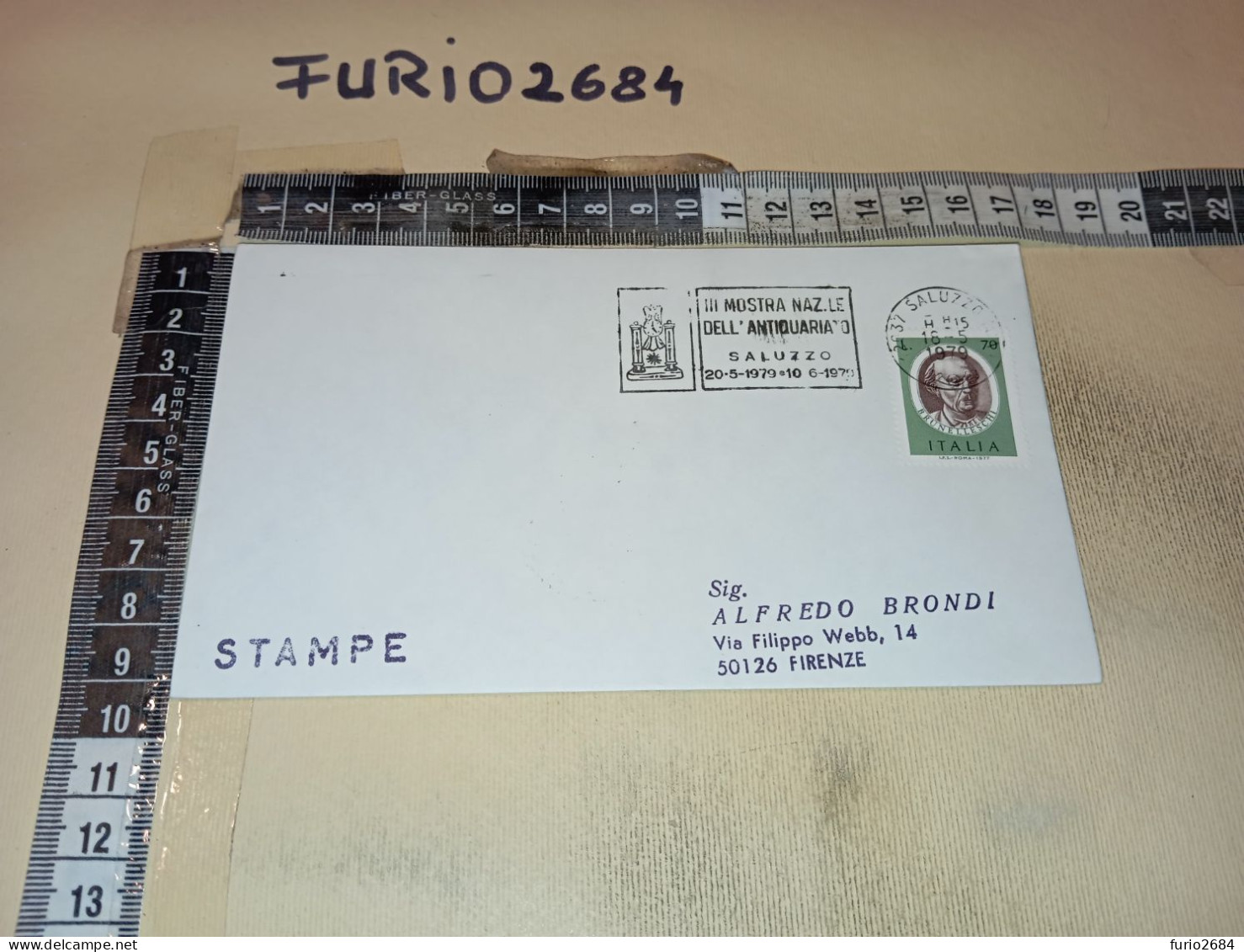 HB12814 SALUZZO 1979 TIMBRO TARGHETTA III MOSTRA NAZIONALE DELL'ANTIQUARIATO - 1971-80: Storia Postale
