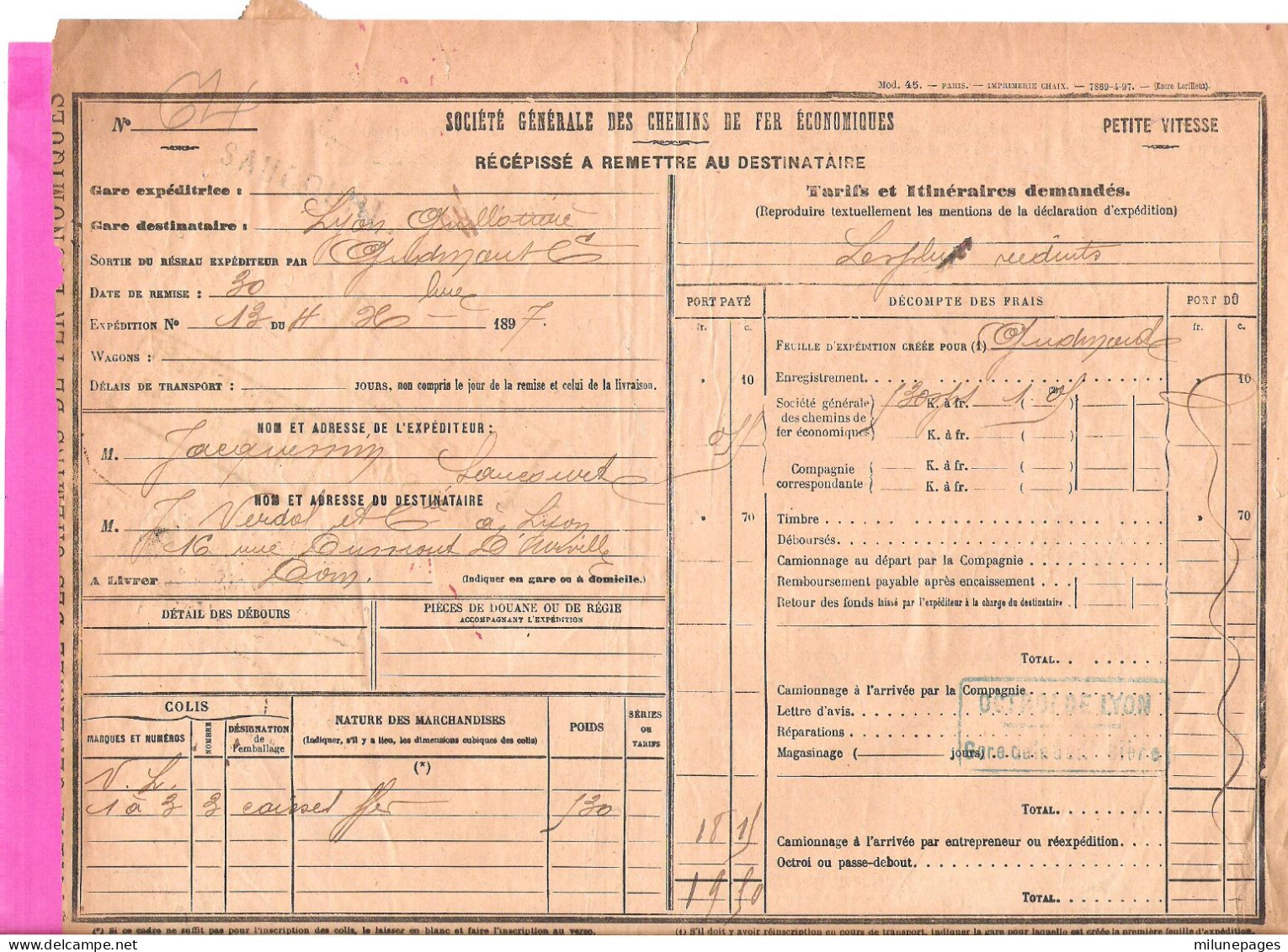 Récepissé Transport Sté Gale Des Chemins De Fer économiques Linéaire Gare Saucourt 1897 Nombreux Cachets - Autres & Non Classés