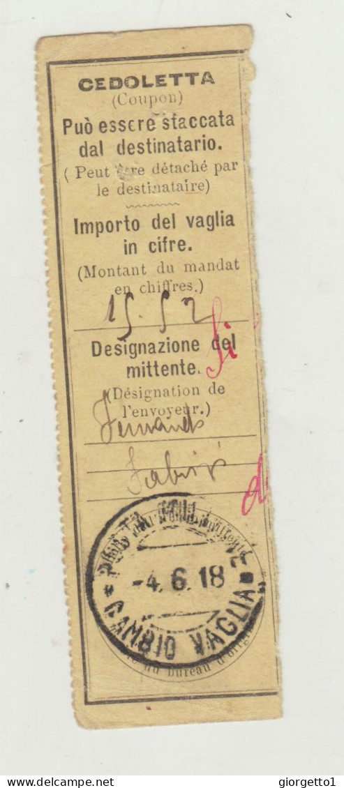 TAGLIANDO - RICEVUTA - CEDOLETTA - POSTA MILITARE CAMBIO VAGLIA DEL 1918 WW1 - Poststempel