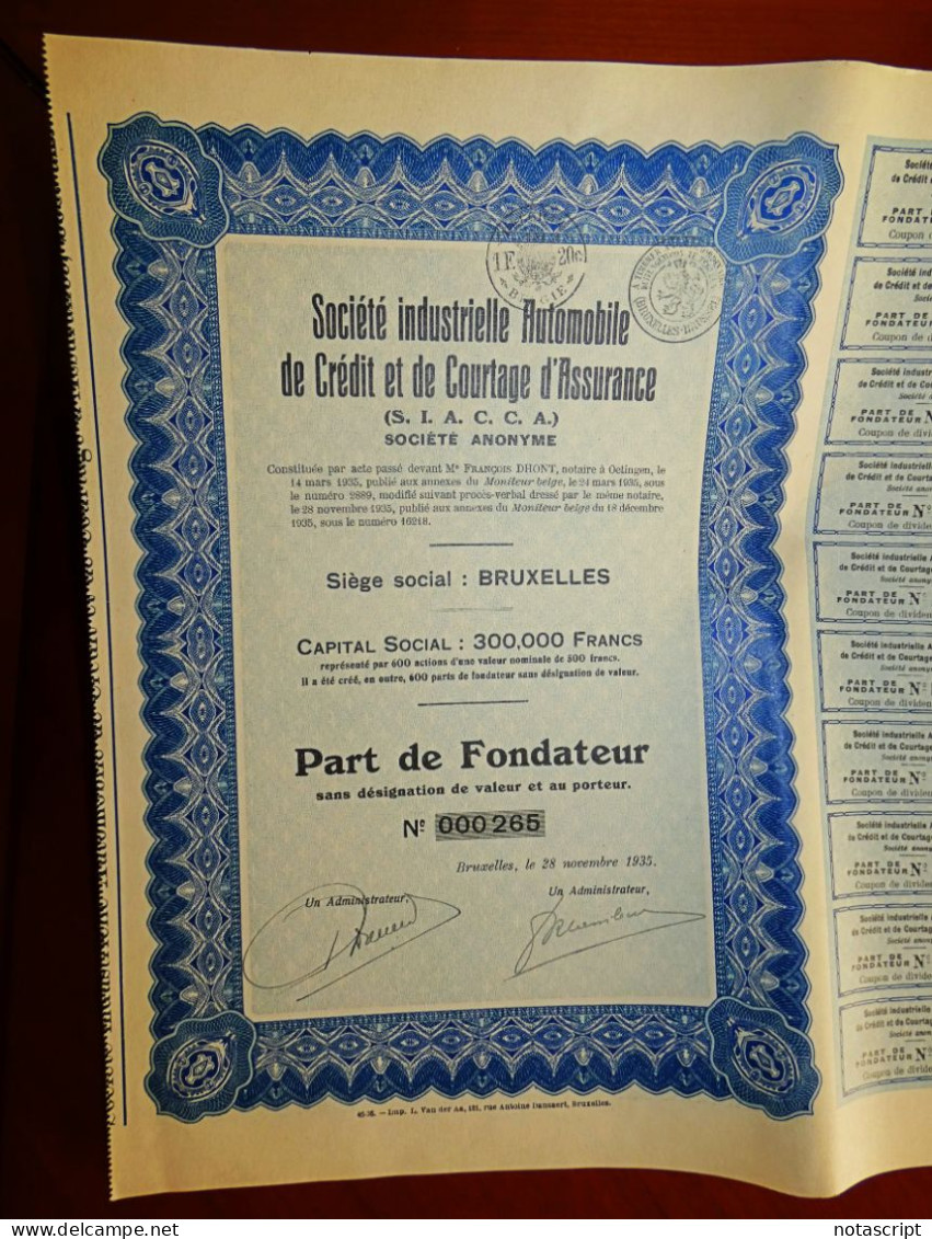 Société Industrielle Automobile De Crédit 1935 Share Certificate - Bank & Versicherung