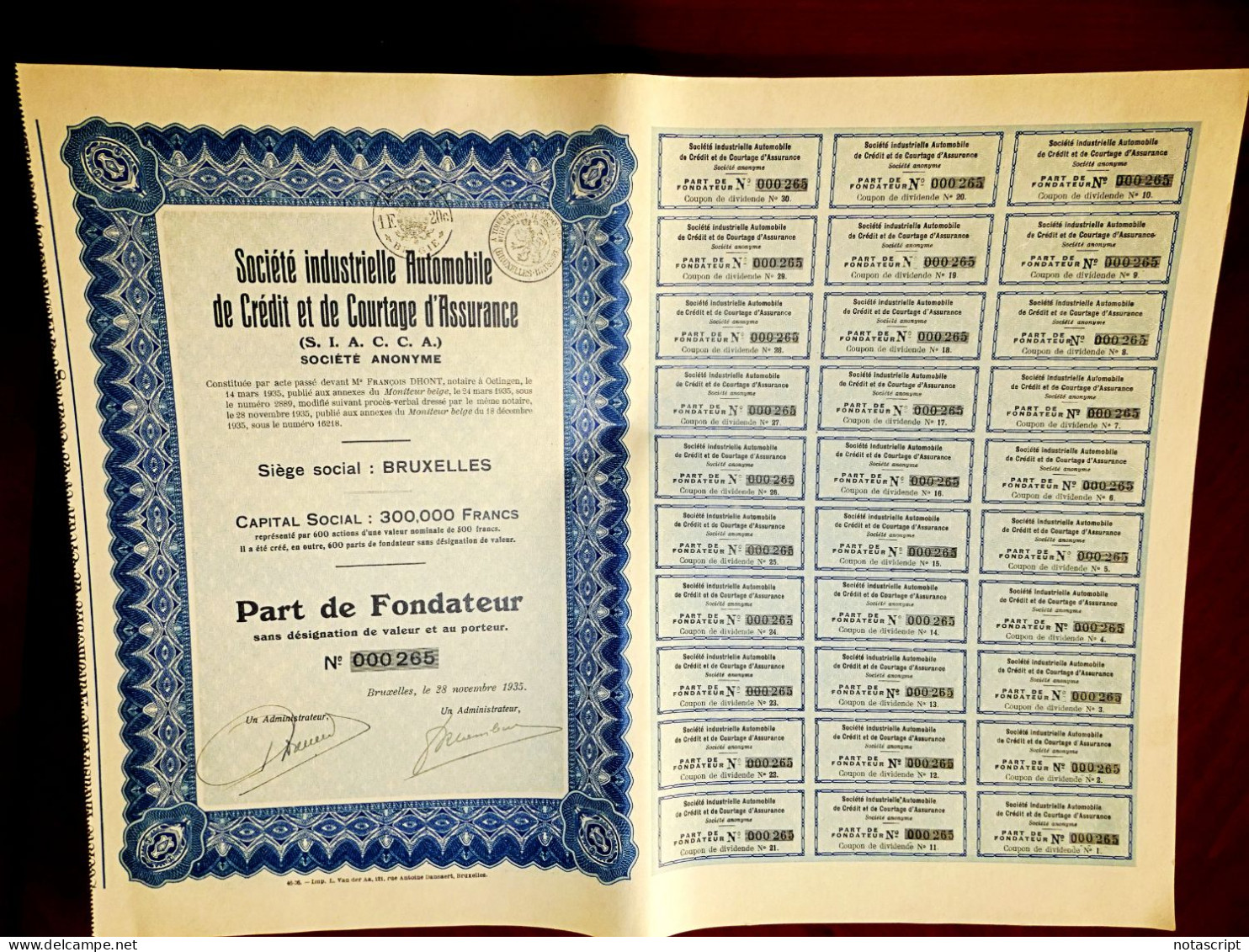 Société Industrielle Automobile De Crédit 1935 Share Certificate - Bank En Verzekering