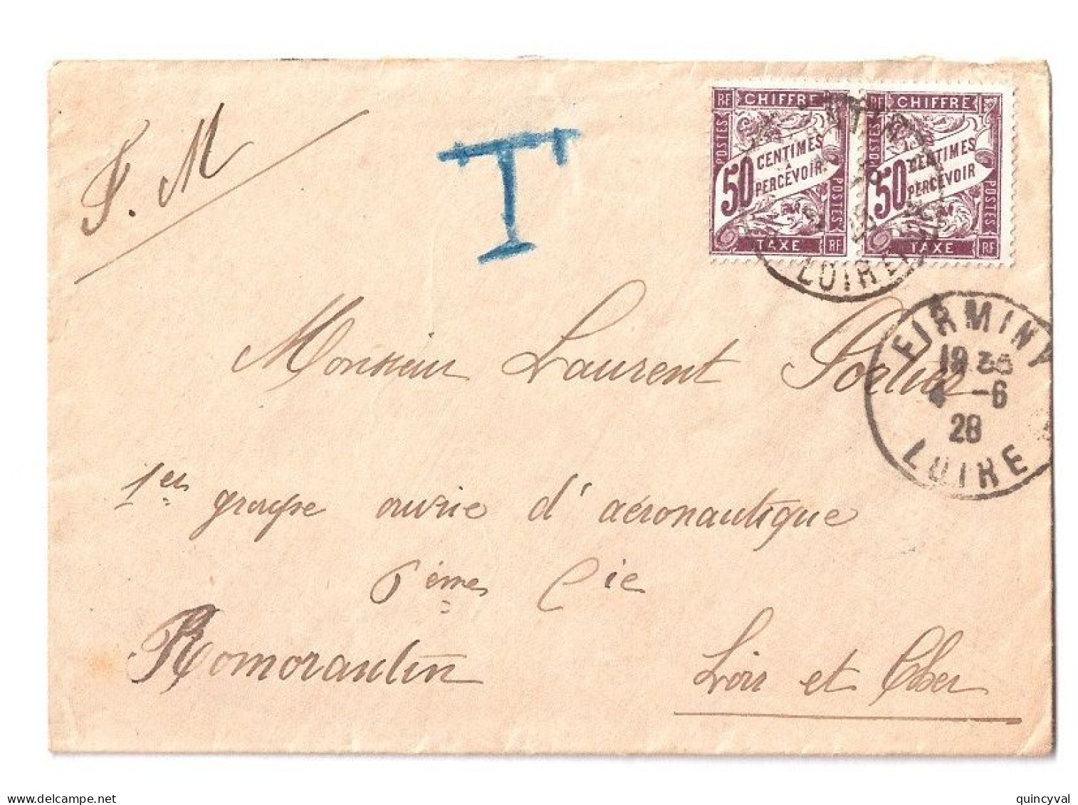 FIRMINY Loire Lettre Non Affranchie FM Ob 4 6 28 TAXEE Romorantin Loir Et Cher Taxe Banderole 50c X 2 Ob 1928 Yv 37 - 1859-1959 Covers & Documents