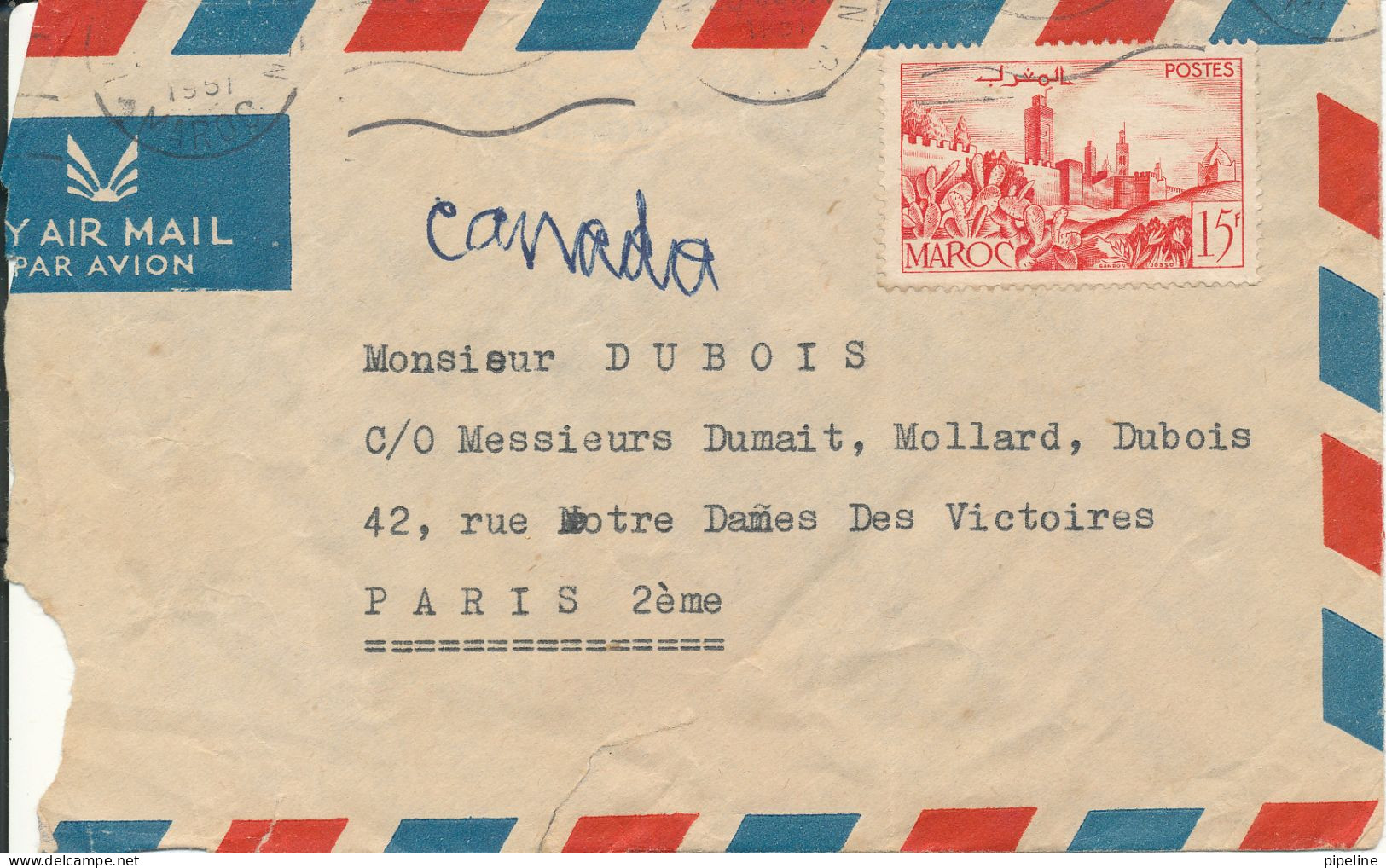 Morocco Air Mail Cover Sent To France 1951 Single Franked The Cover Is Damaged In The Left Side And A Tear At The Bottom - Posta Aerea