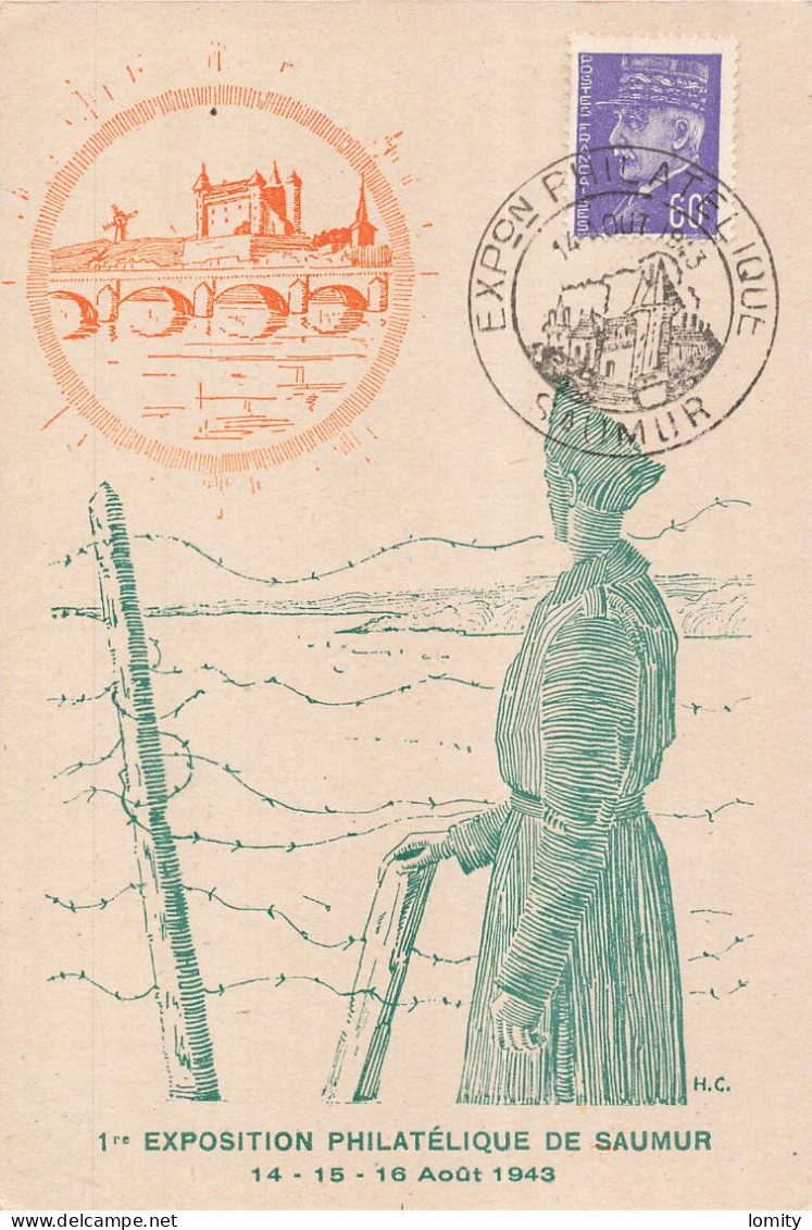 France Cachet Exposition Philatélique Saumur 1943 Carte Timbre N°509 - Exposiciones Filatélicas