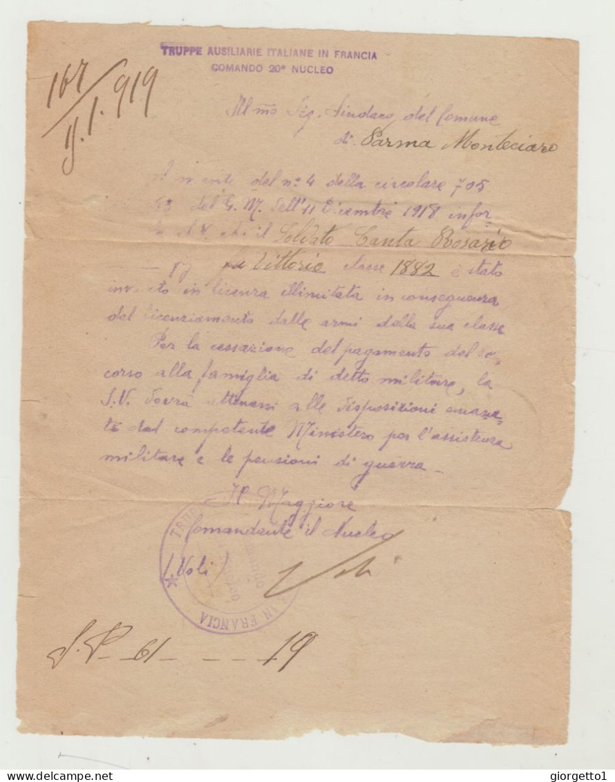 LETTERA VIAGGIATA NEL 1919 VERSO ITALIA - ANNULLO TRUPPE AUSILIARE ITALIANE IN FRANCIA COMANDO 20 NUCLEO WW1 - Marcophilie