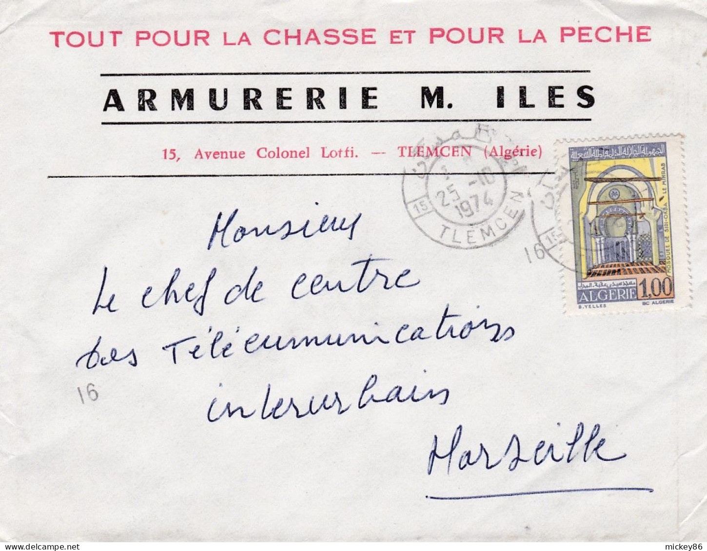 ALGERIE-1974 - Lettre TLEMCEN  Pour MARSEILLE-13 (France)..timbre Seul Sur Lettre,cachet--pub Armurerie M.ILES - Algérie (1962-...)