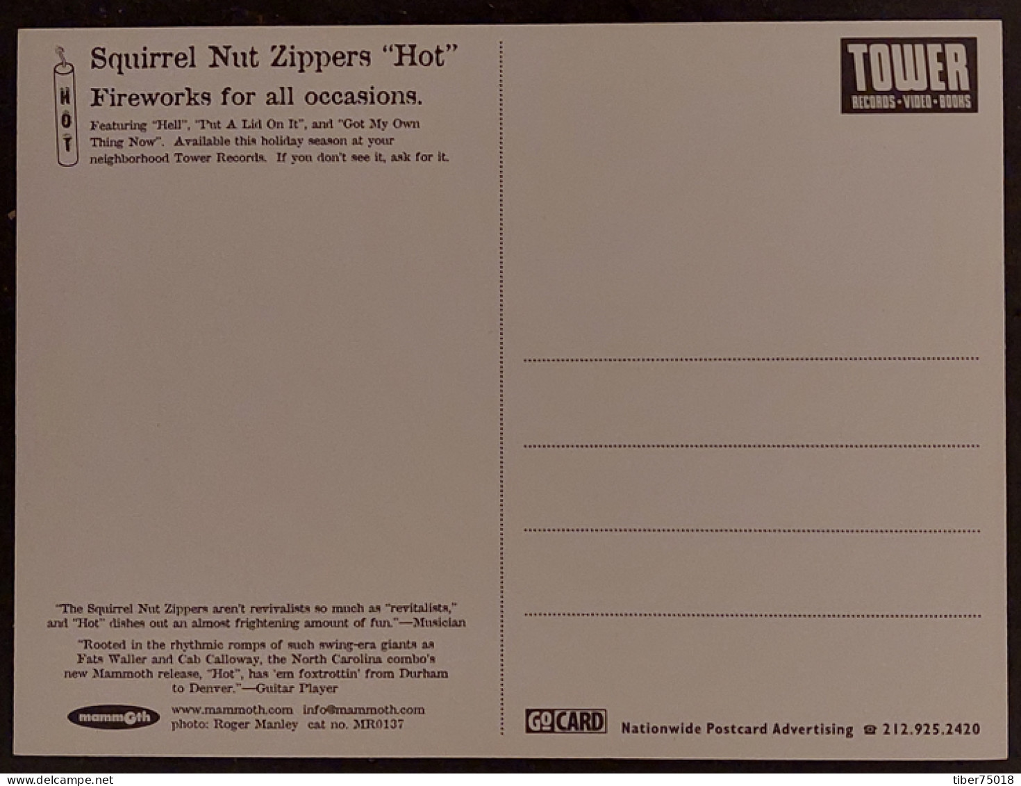 Carte Postale (Tower Records) Squirrel Nut Zippers "Hot" (groupe De Musique) - Advertising