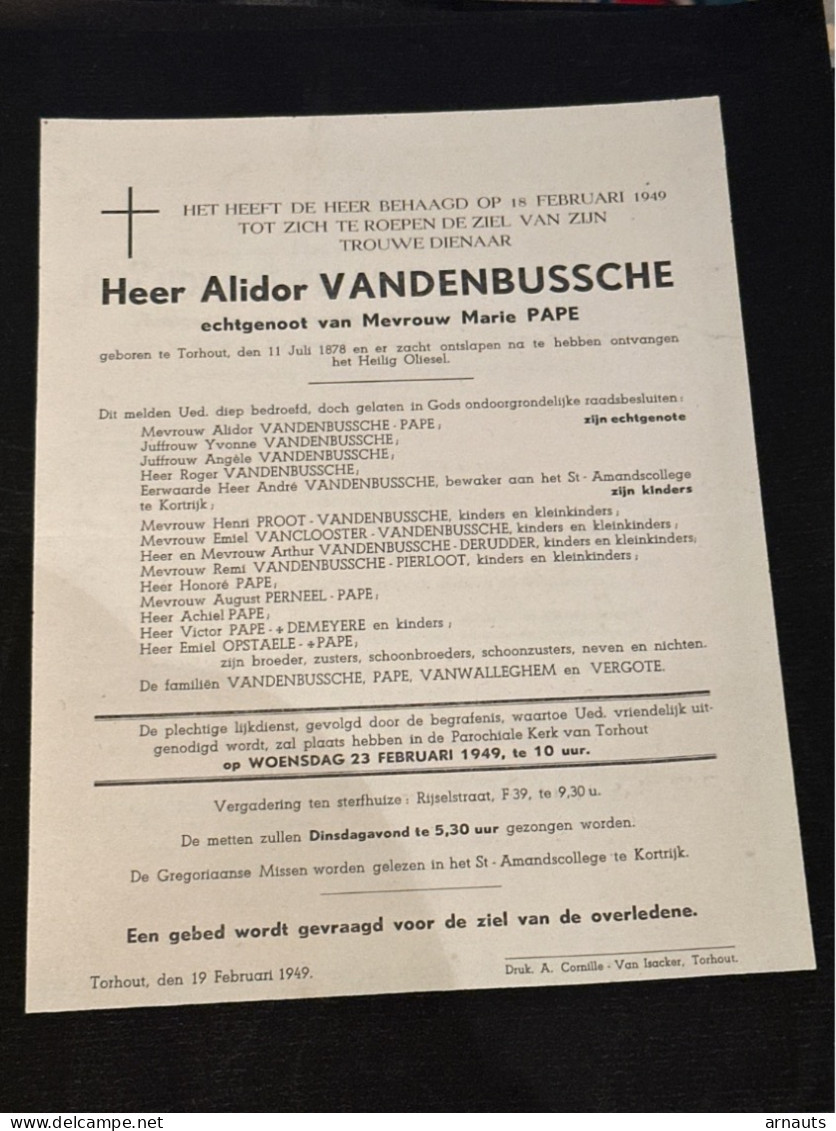 Alidor Vandenbussche Echtg Pape Marie *1878 Torhout +1949 Torhout Proot Vanclooster Perneel Vergote Vanwalleghem Pierloo - Obituary Notices