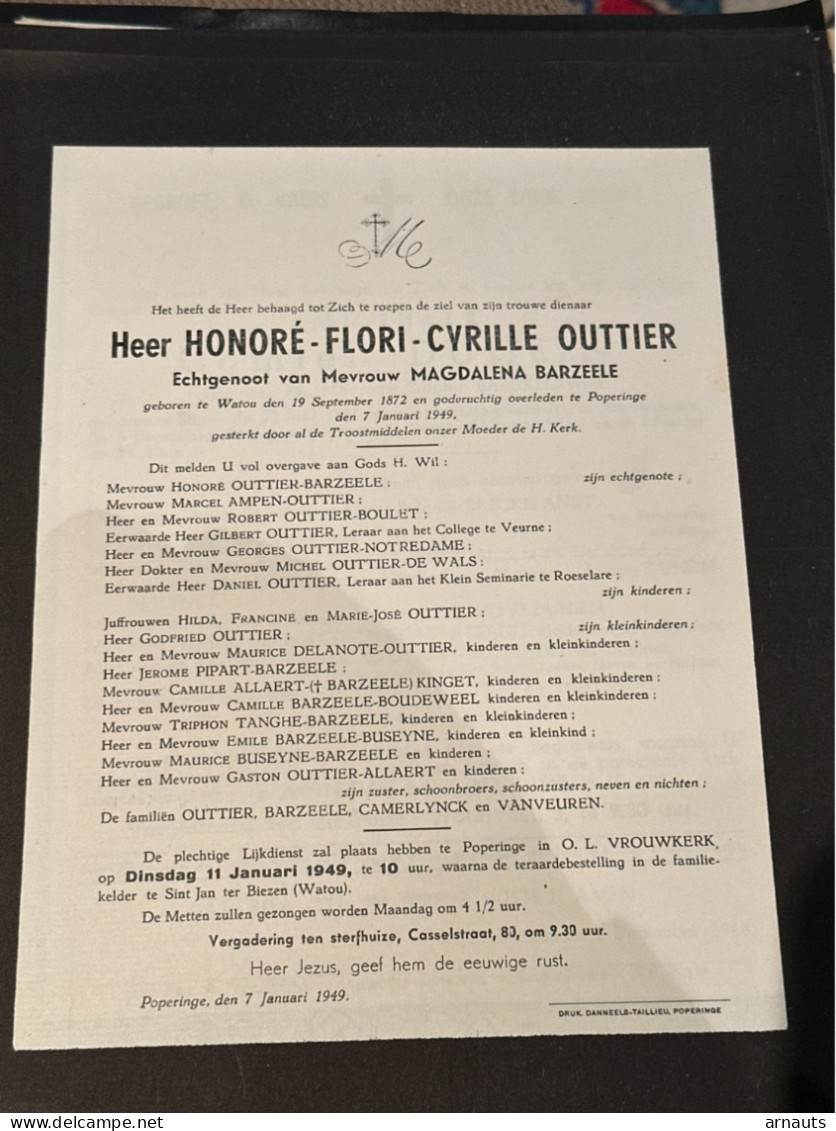 Heer Honore Outtier Echtg Barzeele Magdalena *1872 Watou +1949 Poperinge Ampen De Wals Tanghe Camerlynck Delanote - Obituary Notices