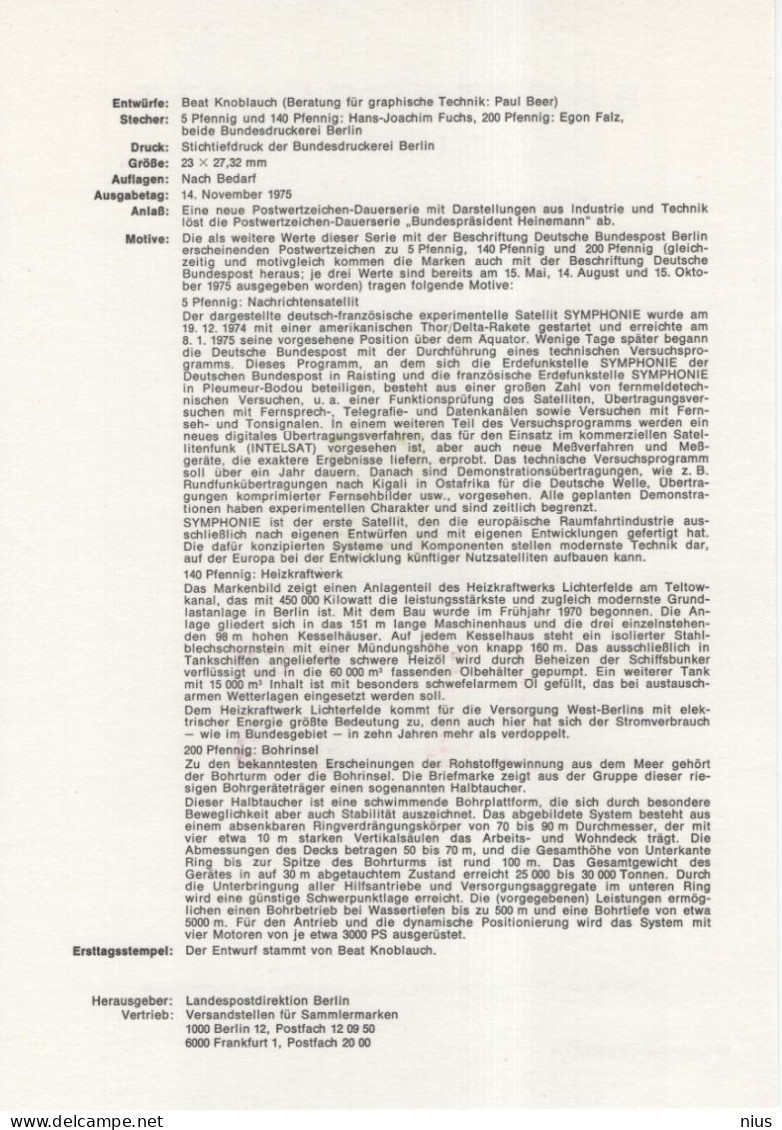 Germany Deutschland 1975-14 ETB ERSTTAGSBLATT "Industrie Und Technik" Satellite, First Day Sheet, Berlin - 1974-1980