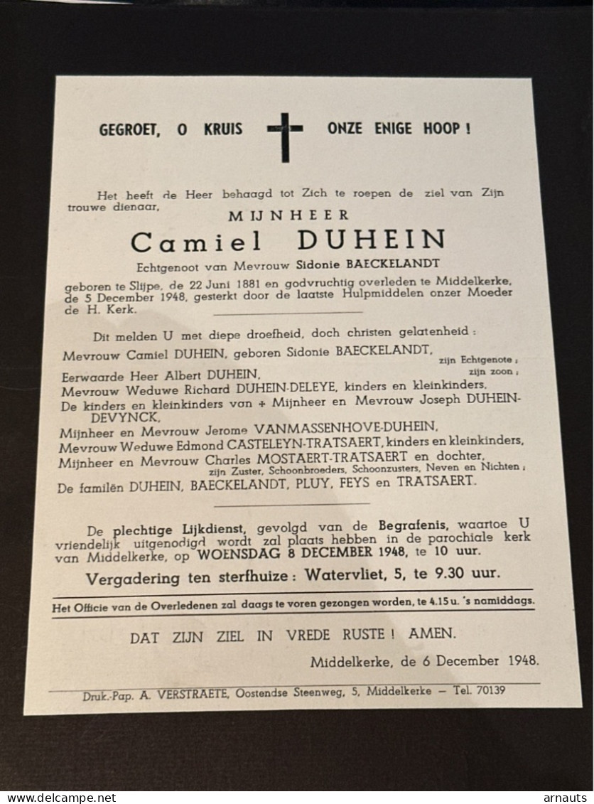 Camiel Duhein Echtg Baeckelandt *1881 Slijpe +1948 Middelkerke Deleye Devynck Vanmassenhove Casteleyn Mostaert Tratsaert - Obituary Notices