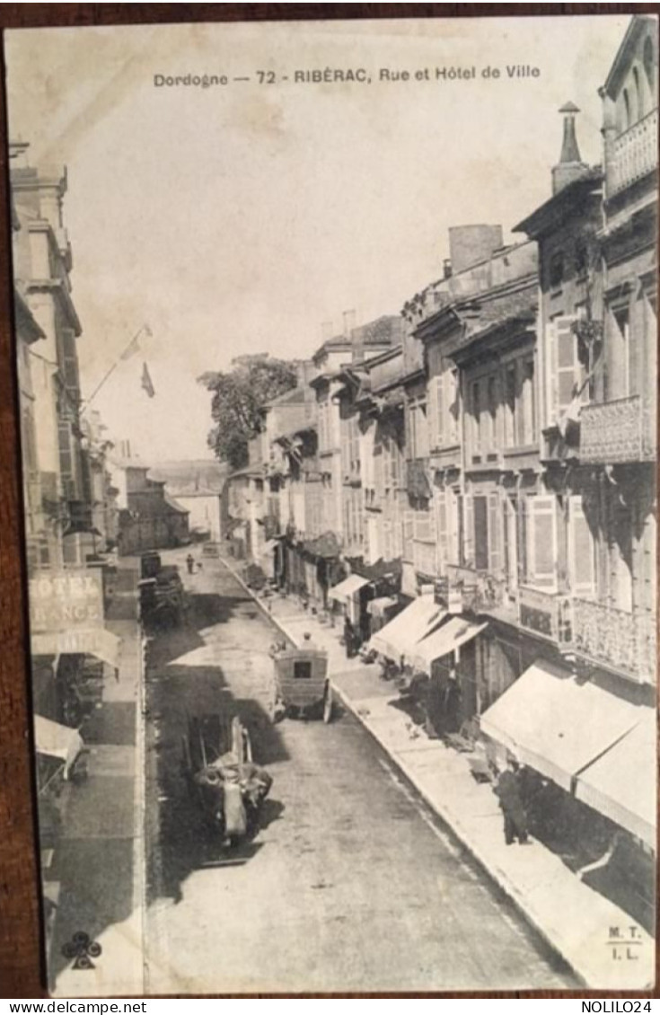 Cpa 24 Dordogne, Ribérac, Rue De L'Hôtel De Ville, Animée, Attelage, éd MTIL Trèfle, écrite En 1908 - Riberac