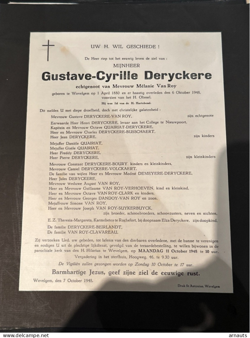 Gustave-Cyrille Deryckere Echtg Van Roy Melanie *1880 Wevelgem +1948 Wevelgem Quairiat Suykerbuyck Dandoy Clark Volckaer - Décès