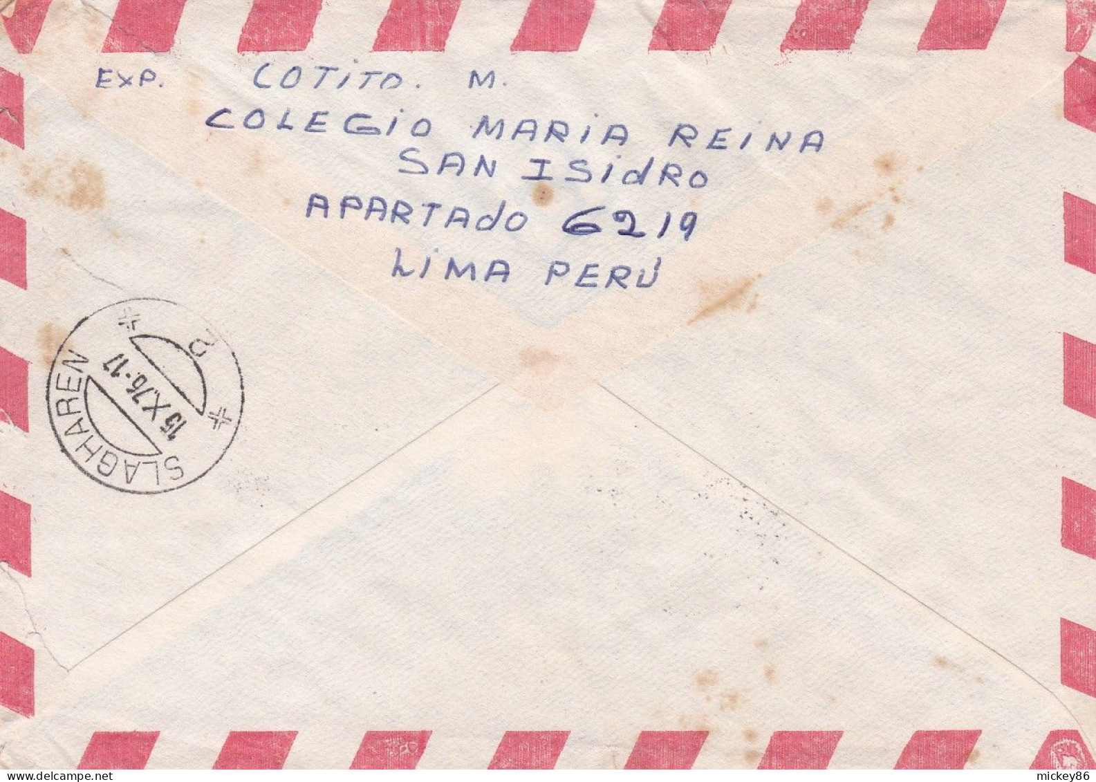 PEROU -1976 - Lettre LIMA  Pour SLAGHAREN (Pays-Bas)..timbres (tabac X 3 ) Sur Lettre , Cachets - Pérou