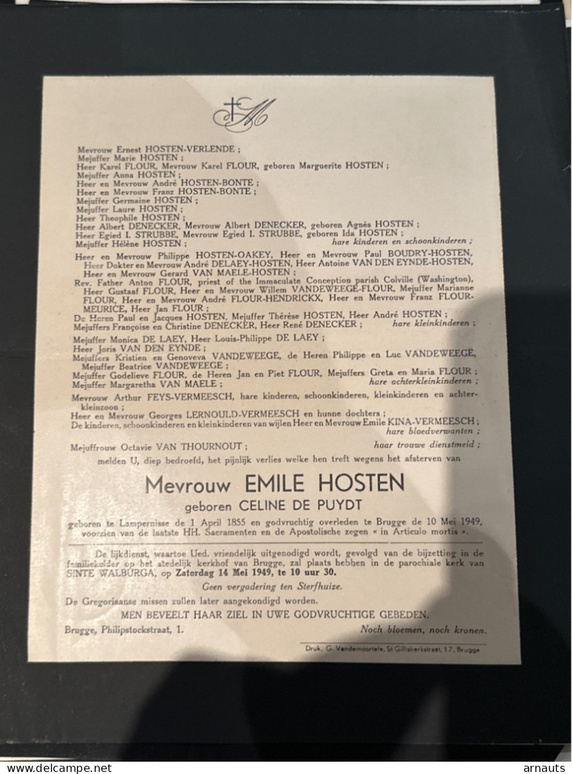 Emile Hosten Heb Céline De Puydt *1855 Lampernisse +1949 Brugge Flour Verlende Bonte Boudry Denecker De Laey Vanderweege - Esquela