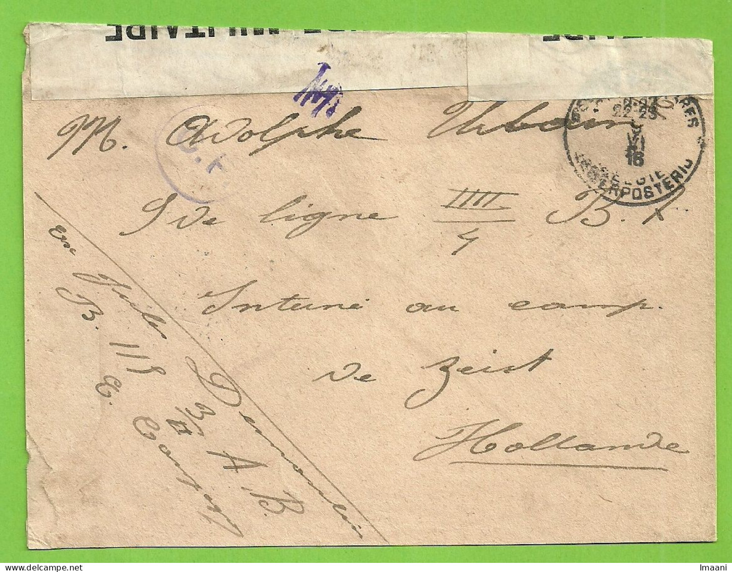 Brief Stempel PMB Op 9/6/16 Naar "Interne Au Camp ZEIST" ,CERSURE MILITAIRE 2  + C.F. (Folkestone)   (3627) - Armada Belga