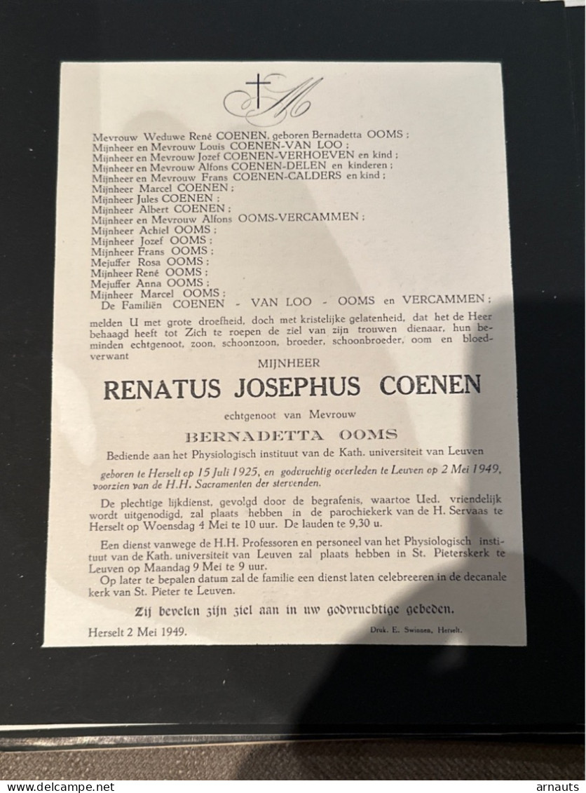 Renatus Josephus Coenen Echtg Ooms Bernadetta *1925 Herselt +1949 Leuven Van Loo Delen Calders Vercammen KUL Physiology - Overlijden